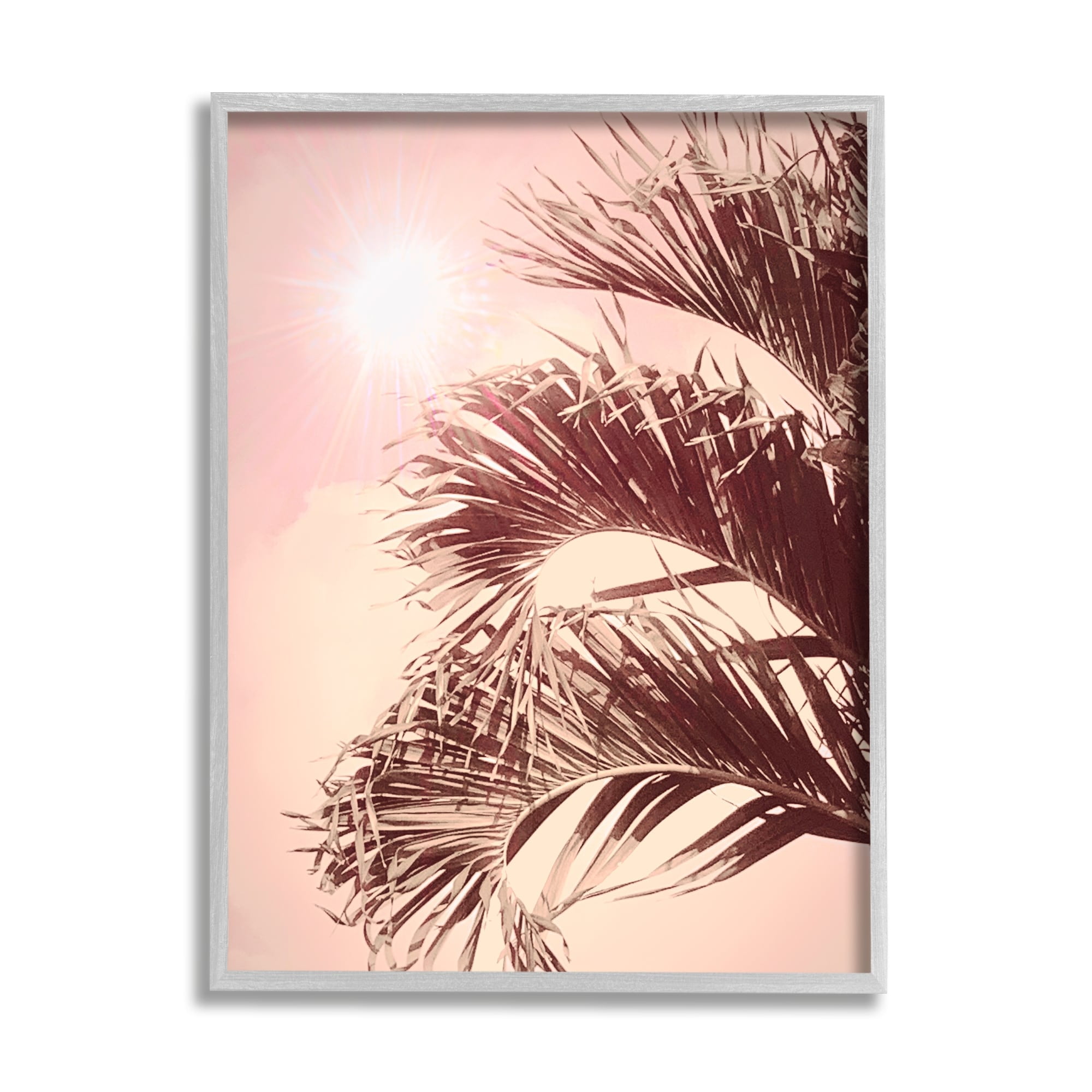 Sunlit Palms Pink Sky Gray Framed Canvas Print