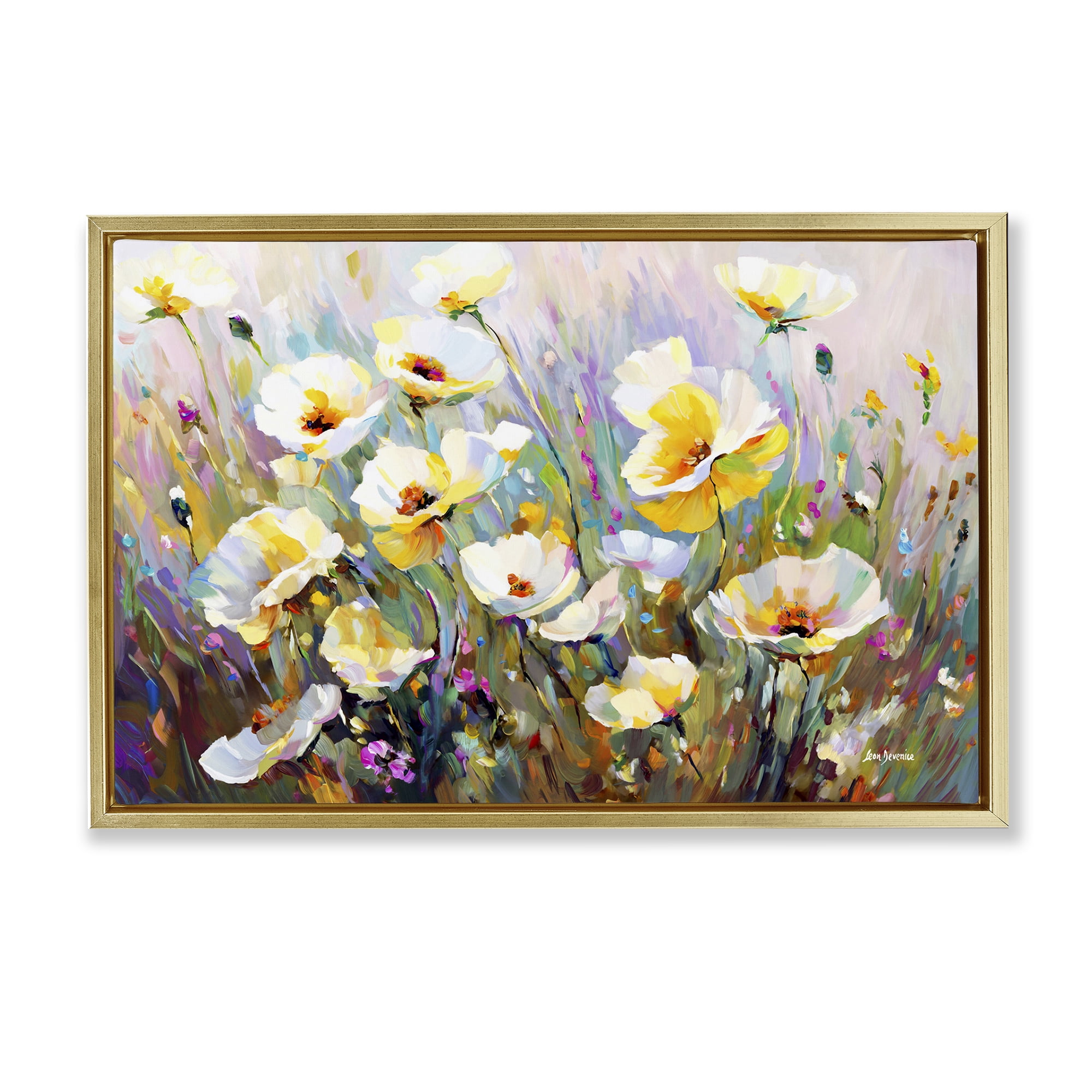 Stupell Industries Sunlit Petals Embrace Botanical & Floral Painting Gold Floater Framed Art Print Wall Art, 25 x 17