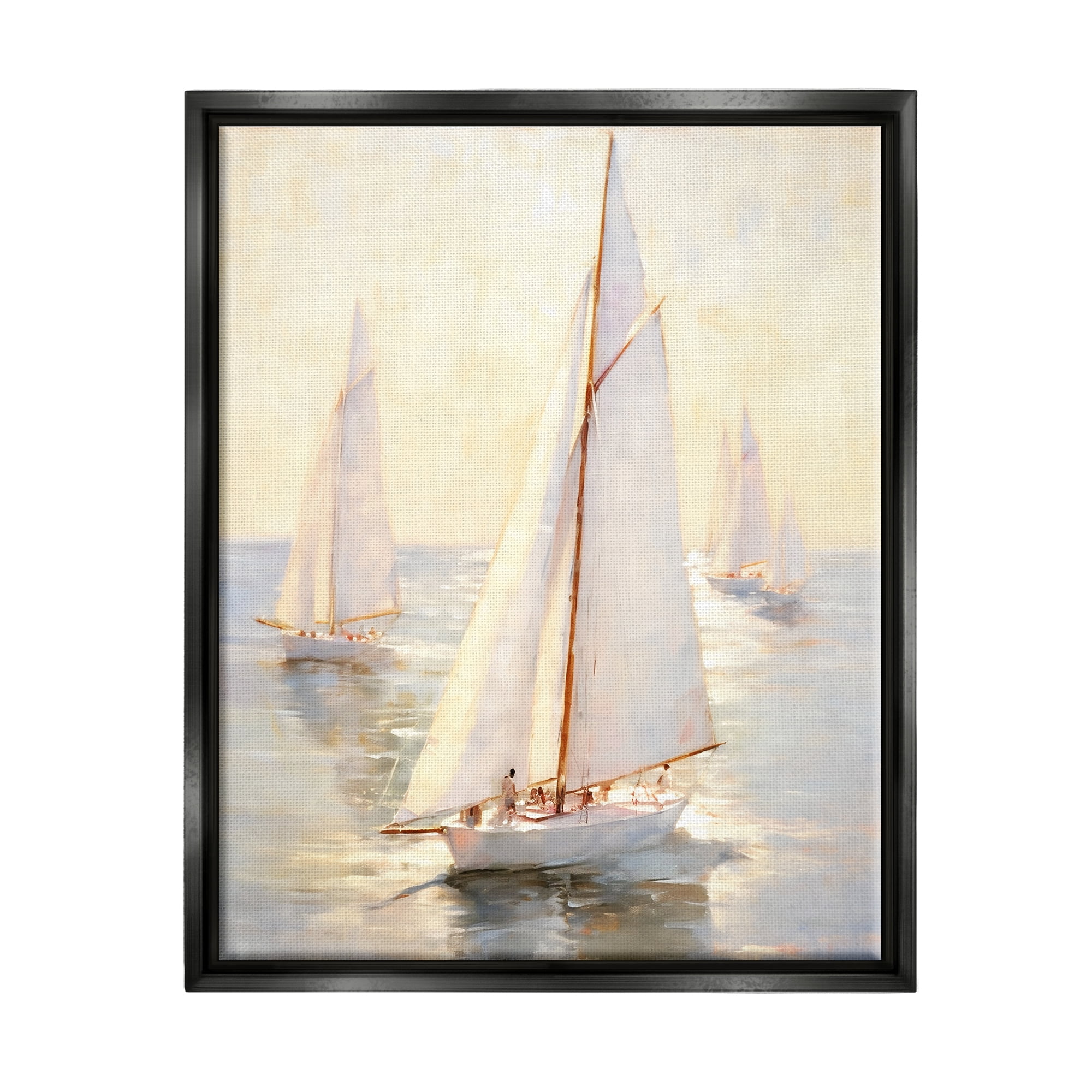 Stupell Industries Sunlit Sailboats Painting Transportation Painting Black Floater Framed Canvas Art Print Wall Art, 25 x 31