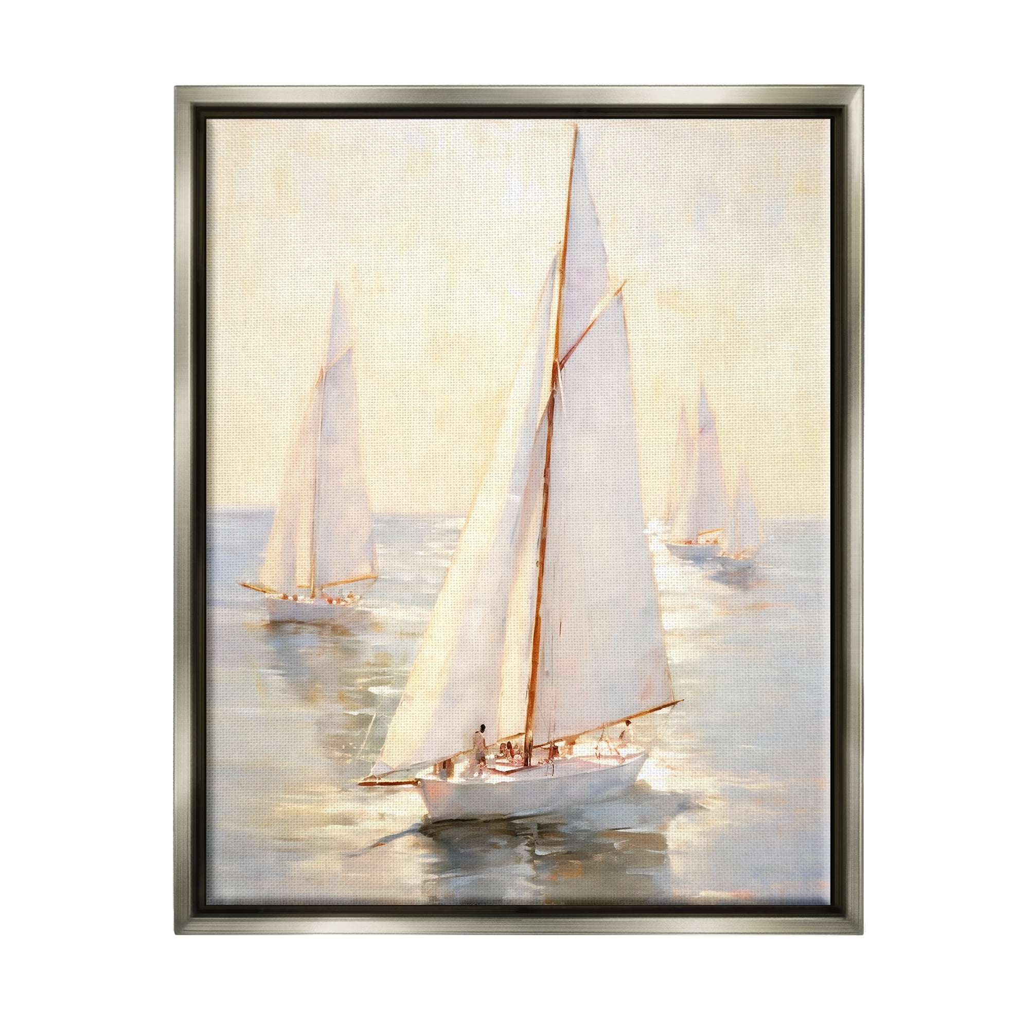 Stupell Industries Sunlit Sailboats Painting Transportation Painting Gray Floater Framed Canvas Art Print Wall Art, 17 x 21