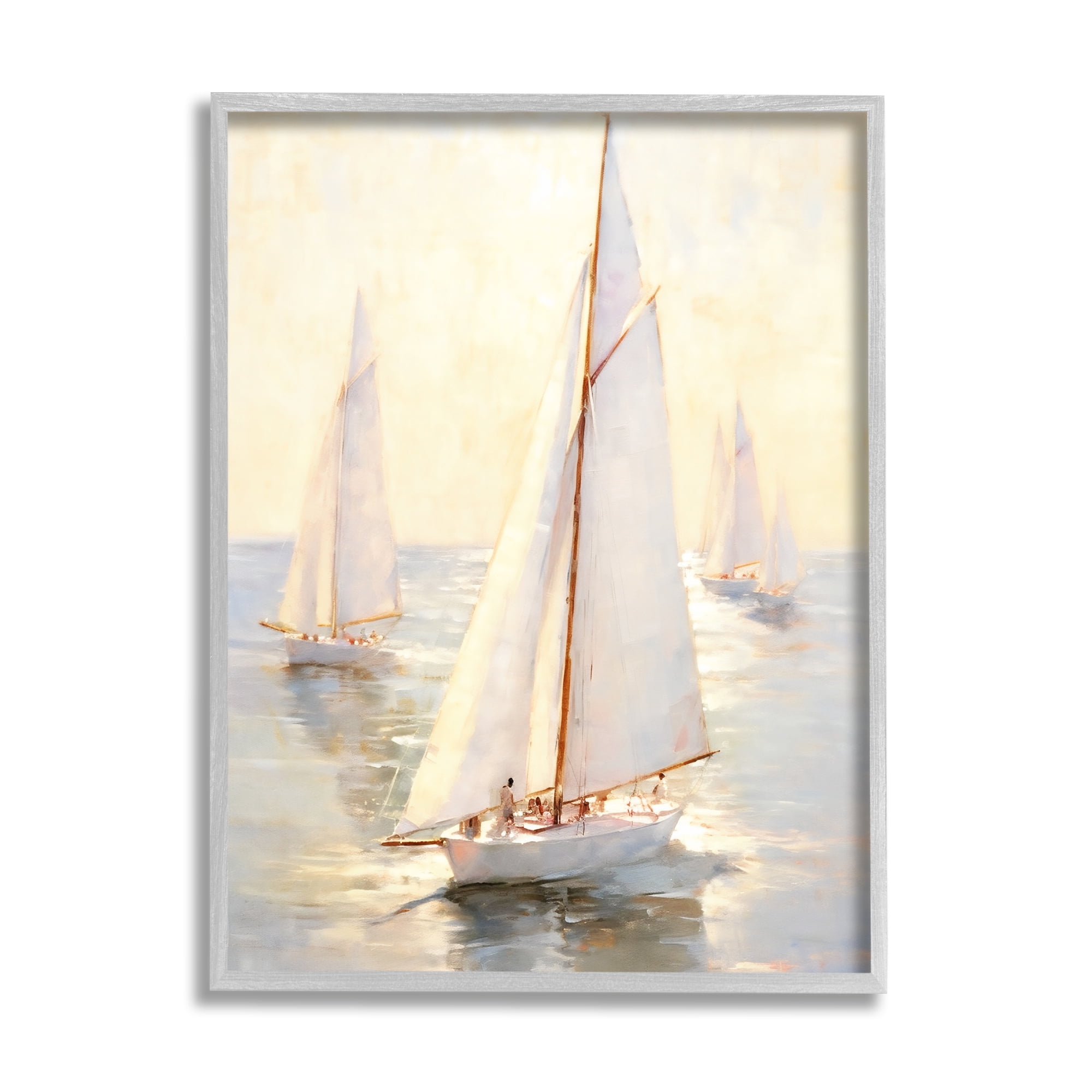 Stupell Industries Sunlit Sailboats Painting Transportation Painting Gray Framed Art Print Wall Art, 11 x 14