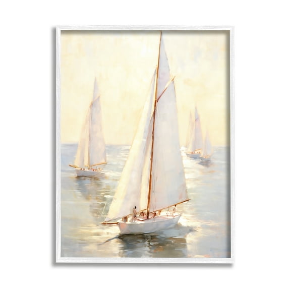 Stupell Industries Sunlit Sailboats Painting Transportation Painting White Framed Art Print Wall Art, 24 x 30