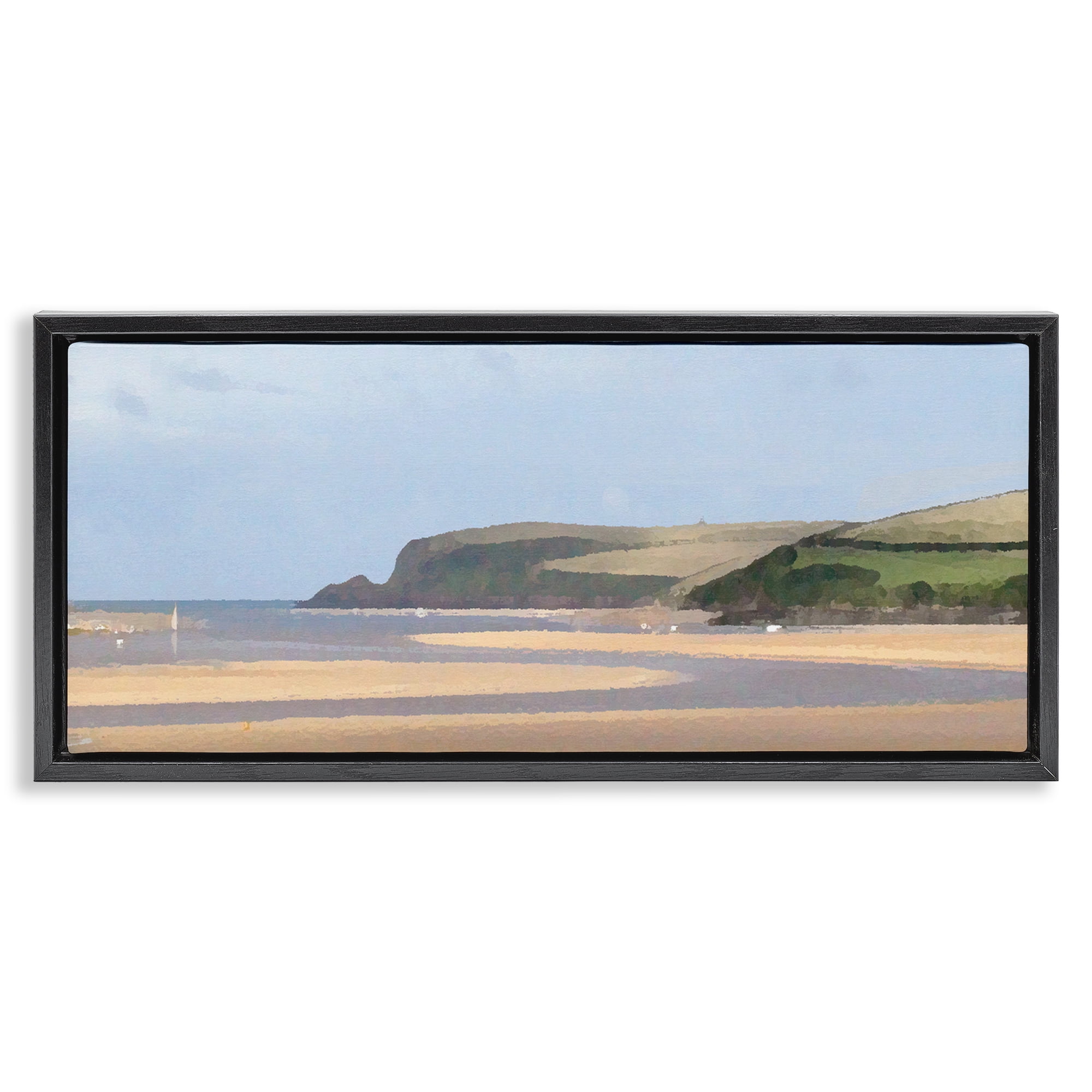 Stupell Industries Sunlit Sands Beach Landscape Painting Black Floater Framed Canvas Art Print Wall Art, 25 x 11