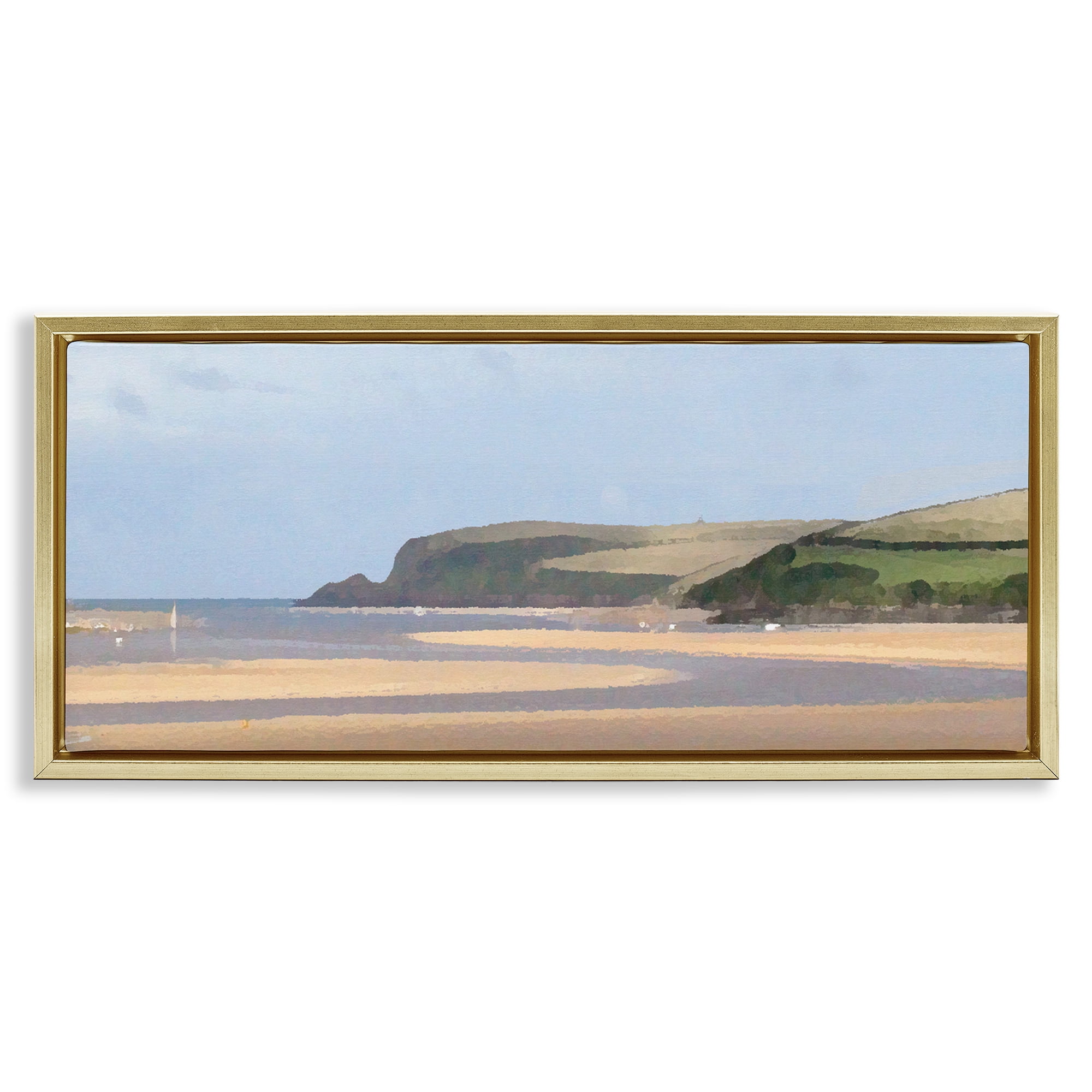 Stupell Industries Sunlit Sands Beach Landscape Painting Gold Floater Framed Canvas Art Print Wall Art, 25 x 11
