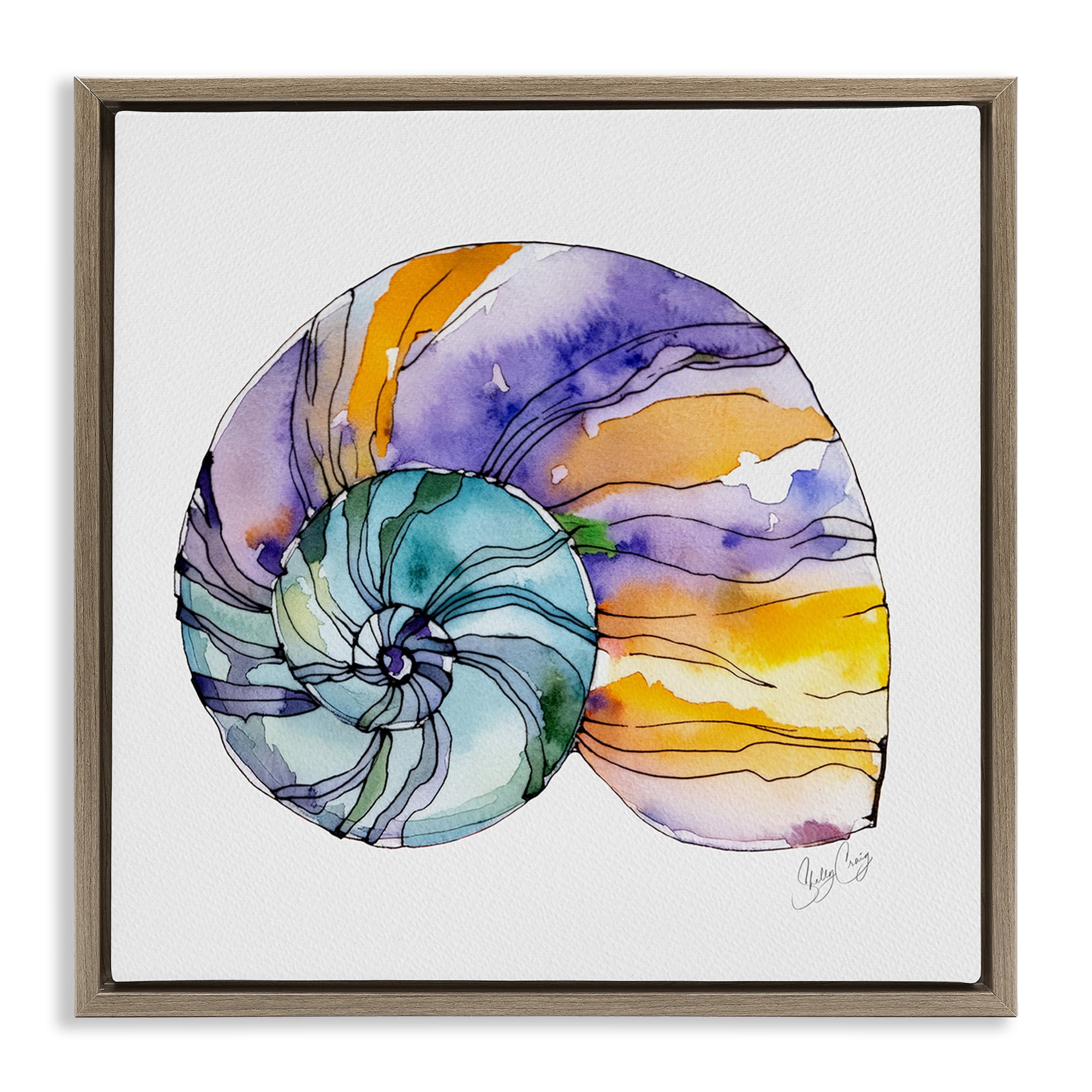 Stupell Industries Sunlit Striped Nautilus Brown Framed Floater Canvas Wall Art, design by Shelly Craig
