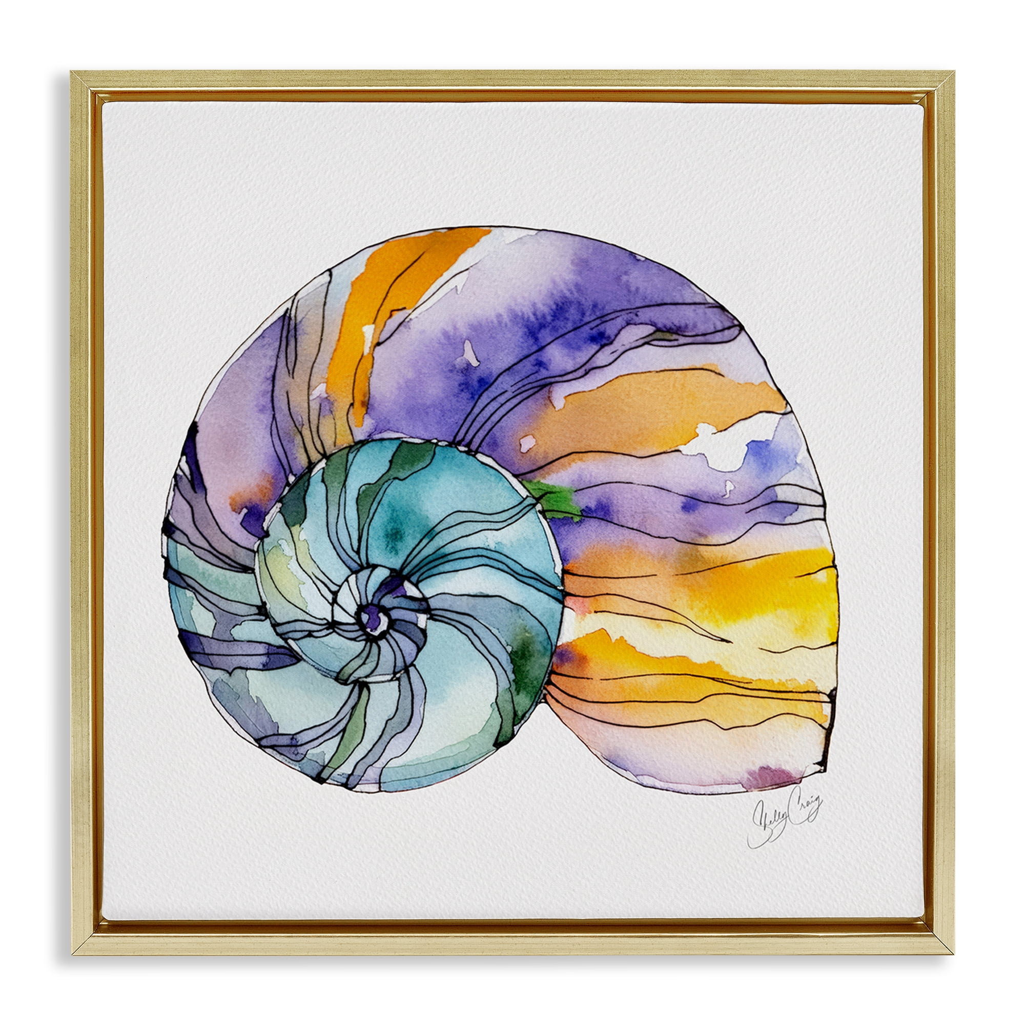 Stupell Industries Sunlit Striped Nautilus Gold Framed Floater Canvas Wall Art, design by Shelly Craig