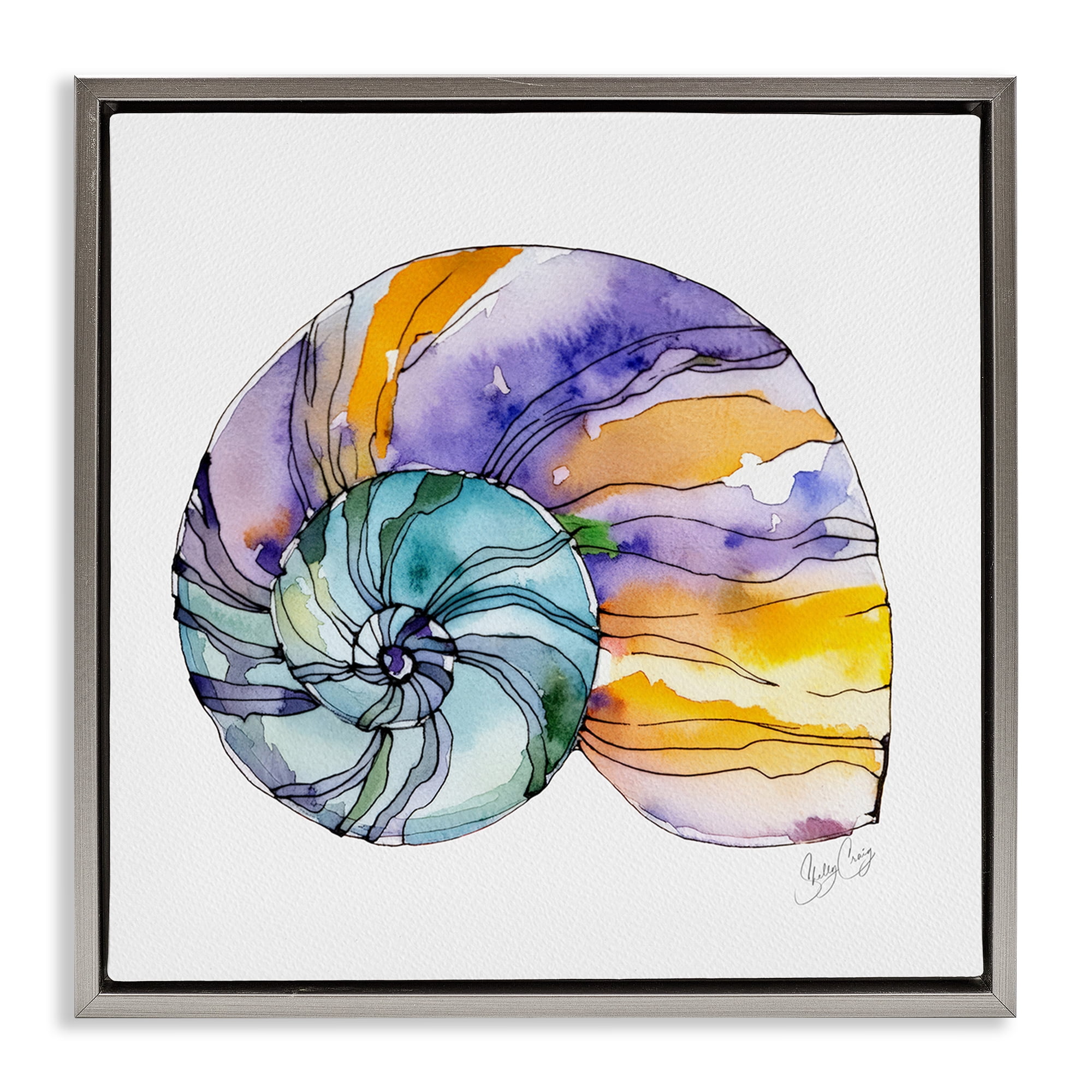Stupell Industries Sunlit Striped Nautilus Gray Framed Floater Canvas Wall Art, design by Shelly Craig