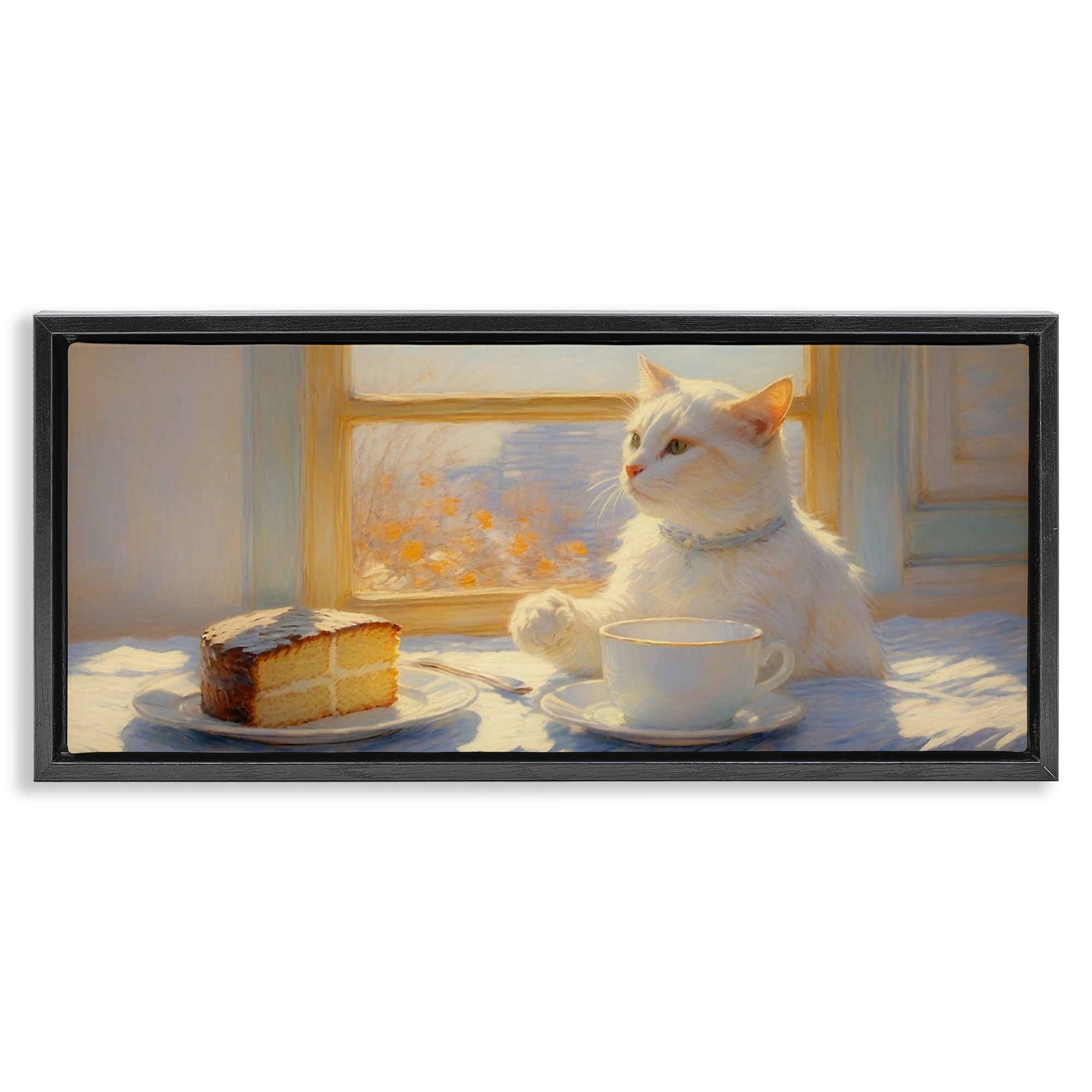 Stupell Industries Sunlit Tea Party Cat Black Framed Floater Canvas Wall Art, design by Angie Hawke