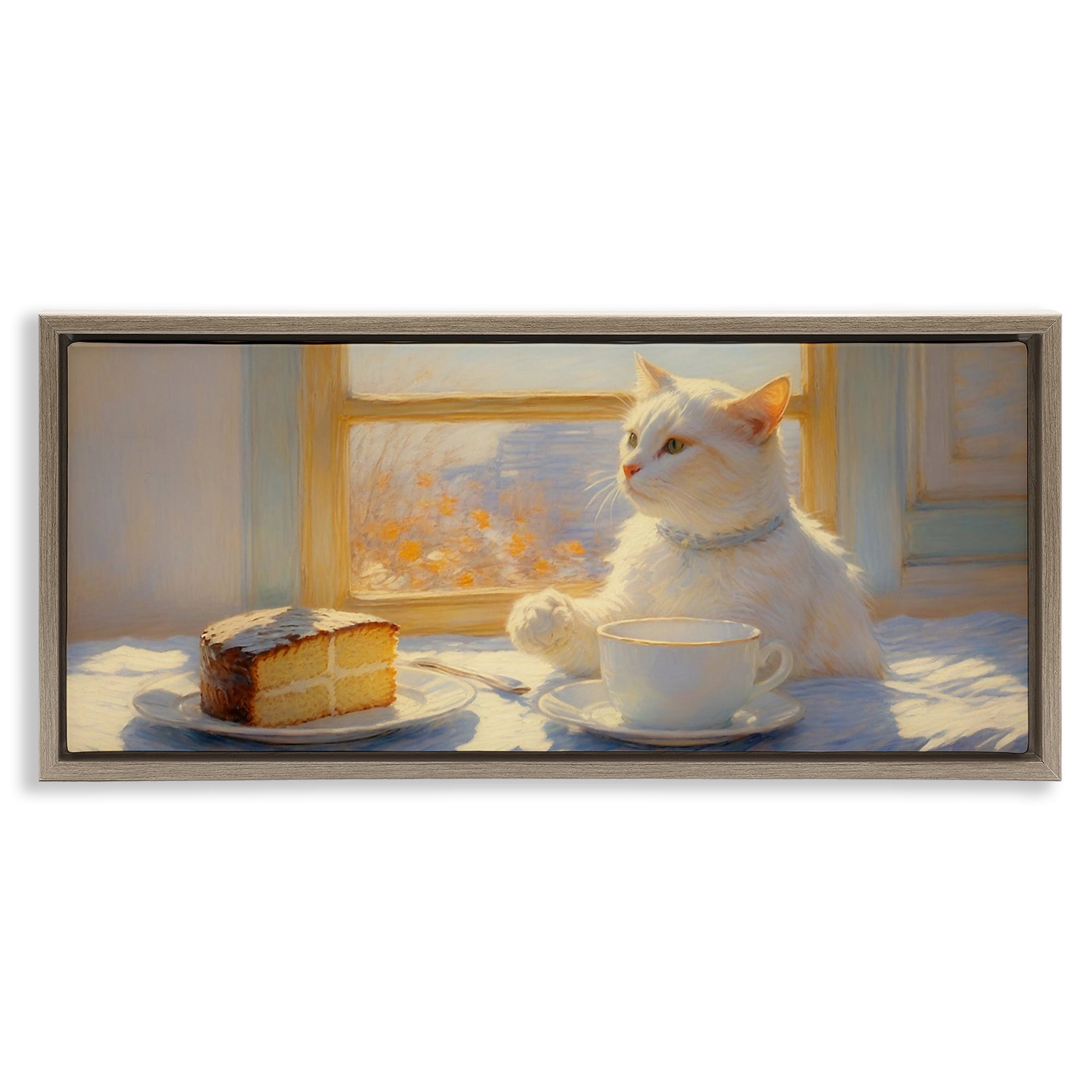 Stupell Industries Sunlit Tea Party Cat Brown Framed Floater Canvas Wall Art, design by Angie Hawke