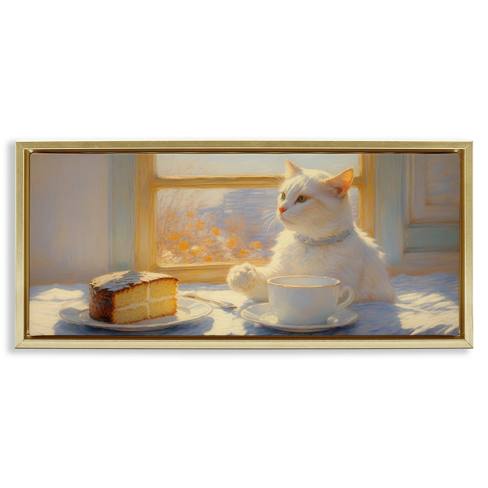 Stupell Industries Sunlit Tea Party Cat Gold Framed Floater Canvas Wall Art, design by Angie Hawke