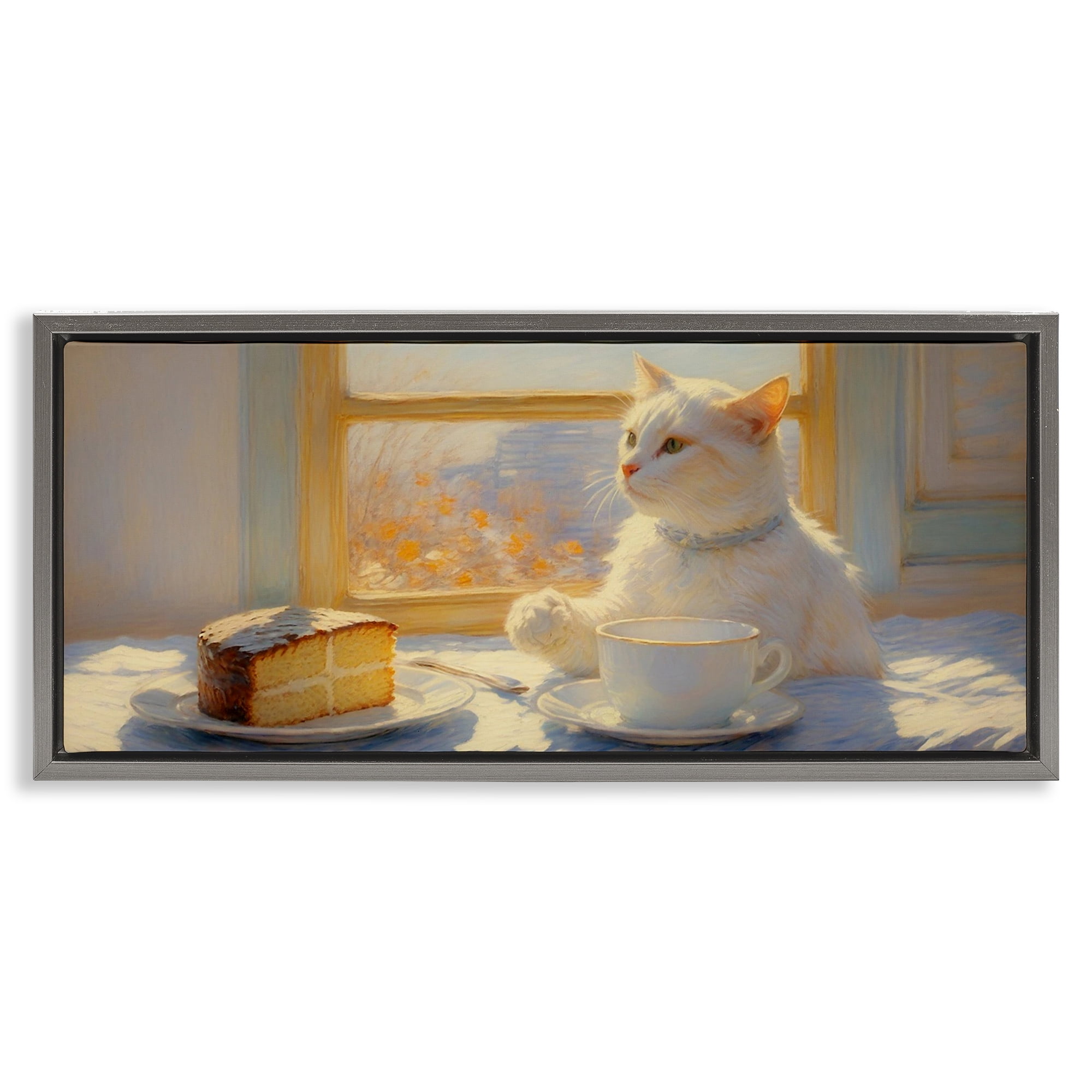 Stupell Industries Sunlit Tea Party Cat Gray Framed Floater Canvas Wall Art, design by Angie Hawke