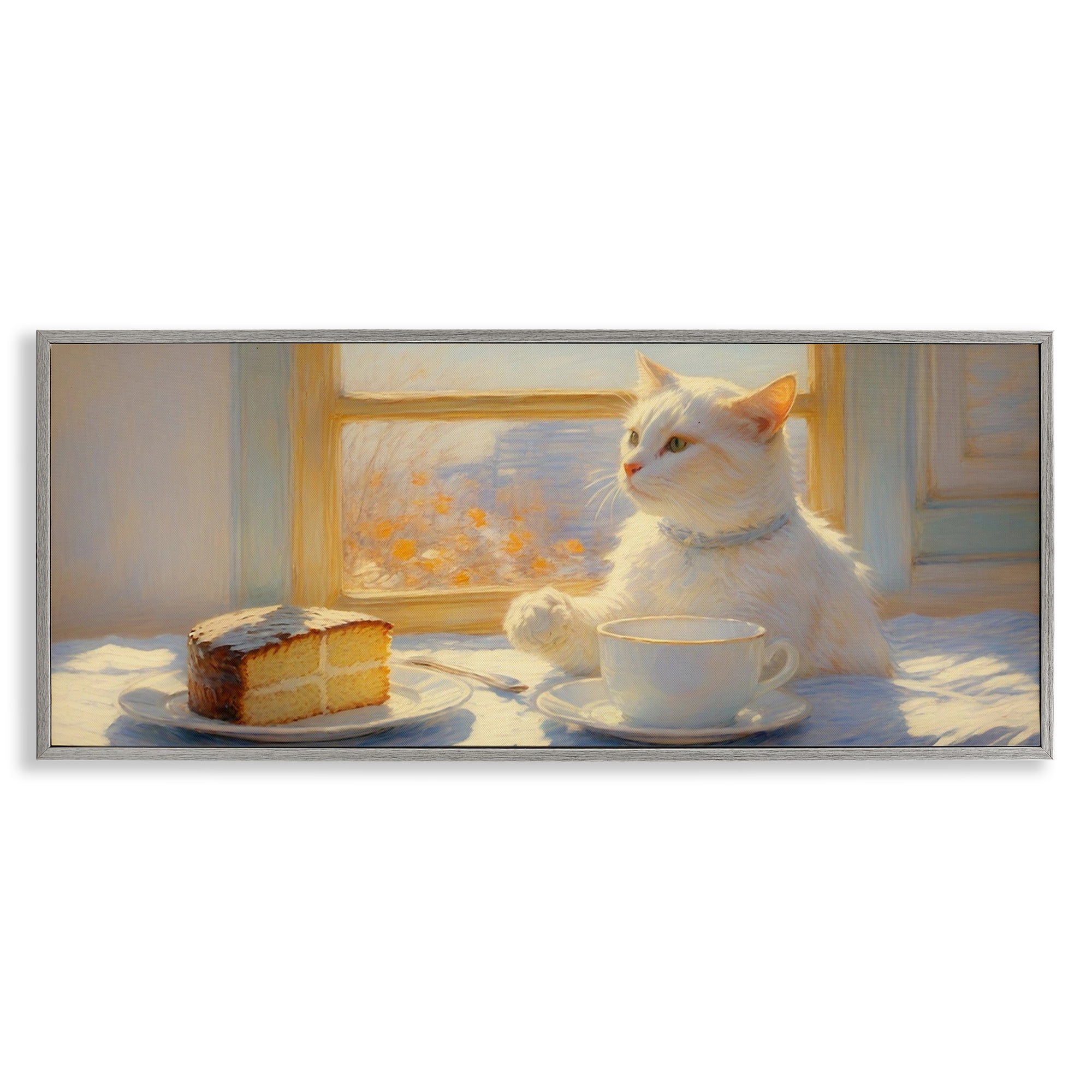 Stupell Industries Sunlit Tea Party Cat Gray Framed Giclee Art, design by Angie Hawke