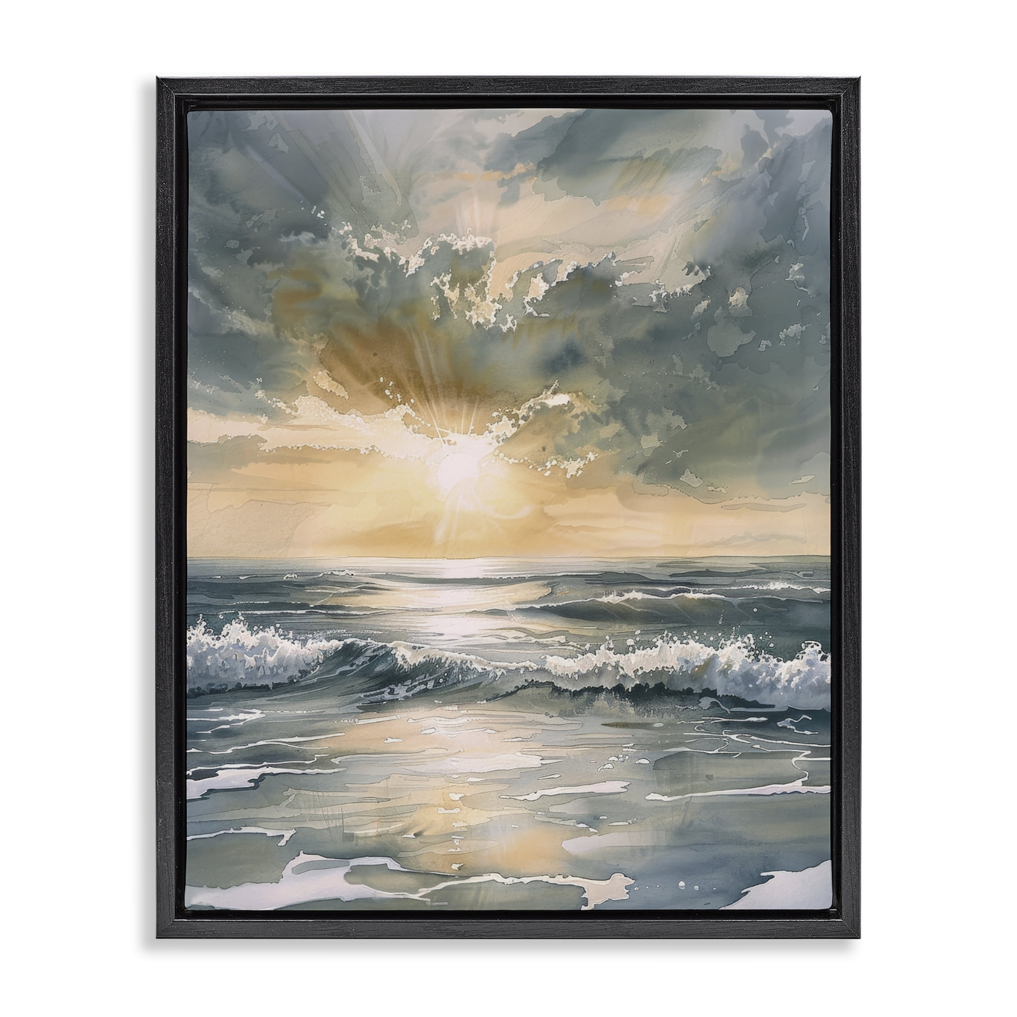 Stupell Industries Sunlit Waves Golden Reflection Black Framed Floater Canvas Wall Art, design by Petal Prints Design