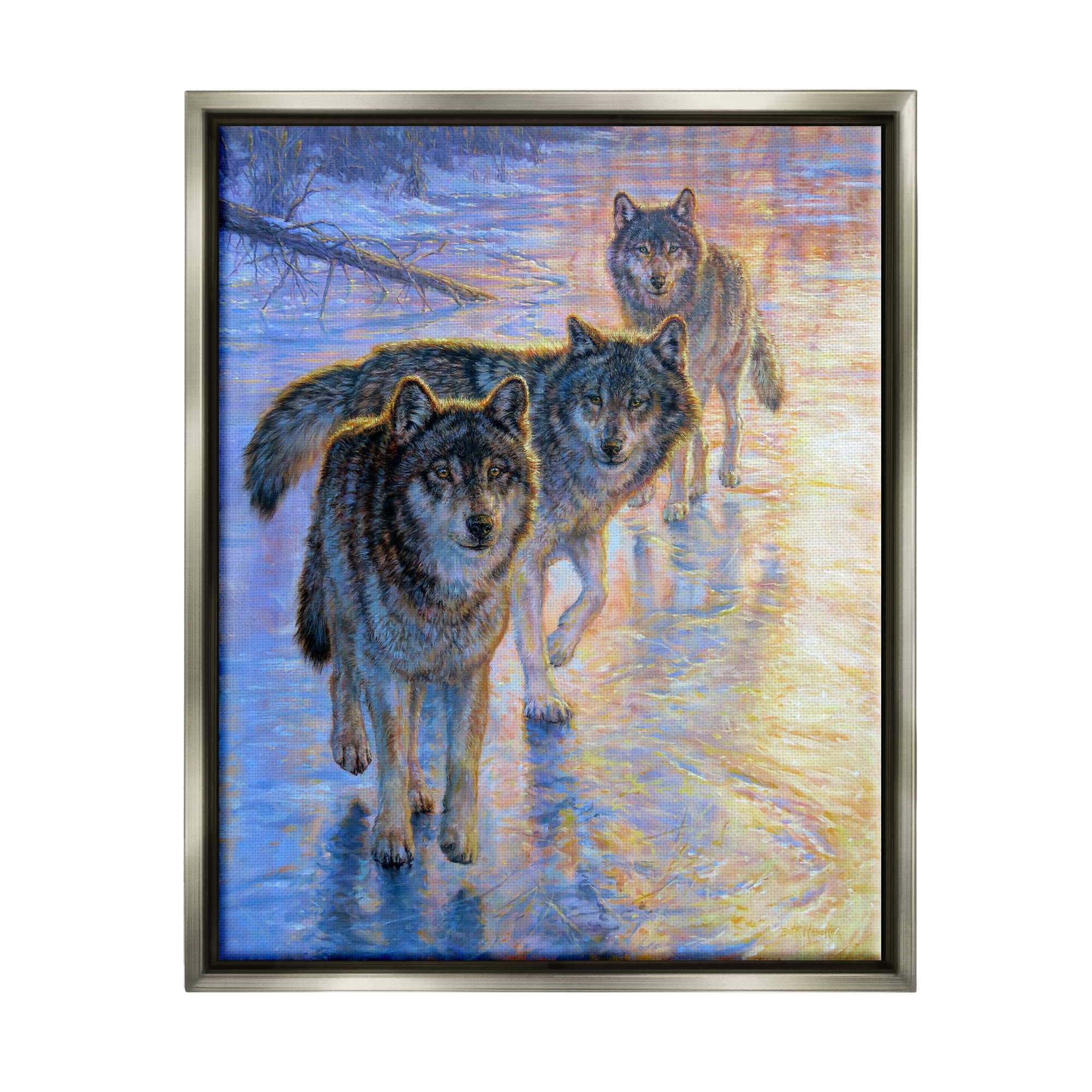 Stupell Industries Sunlit Wolf Trio Painting Animals & Insects Painting Gray Floater Framed Art Print Wall Art