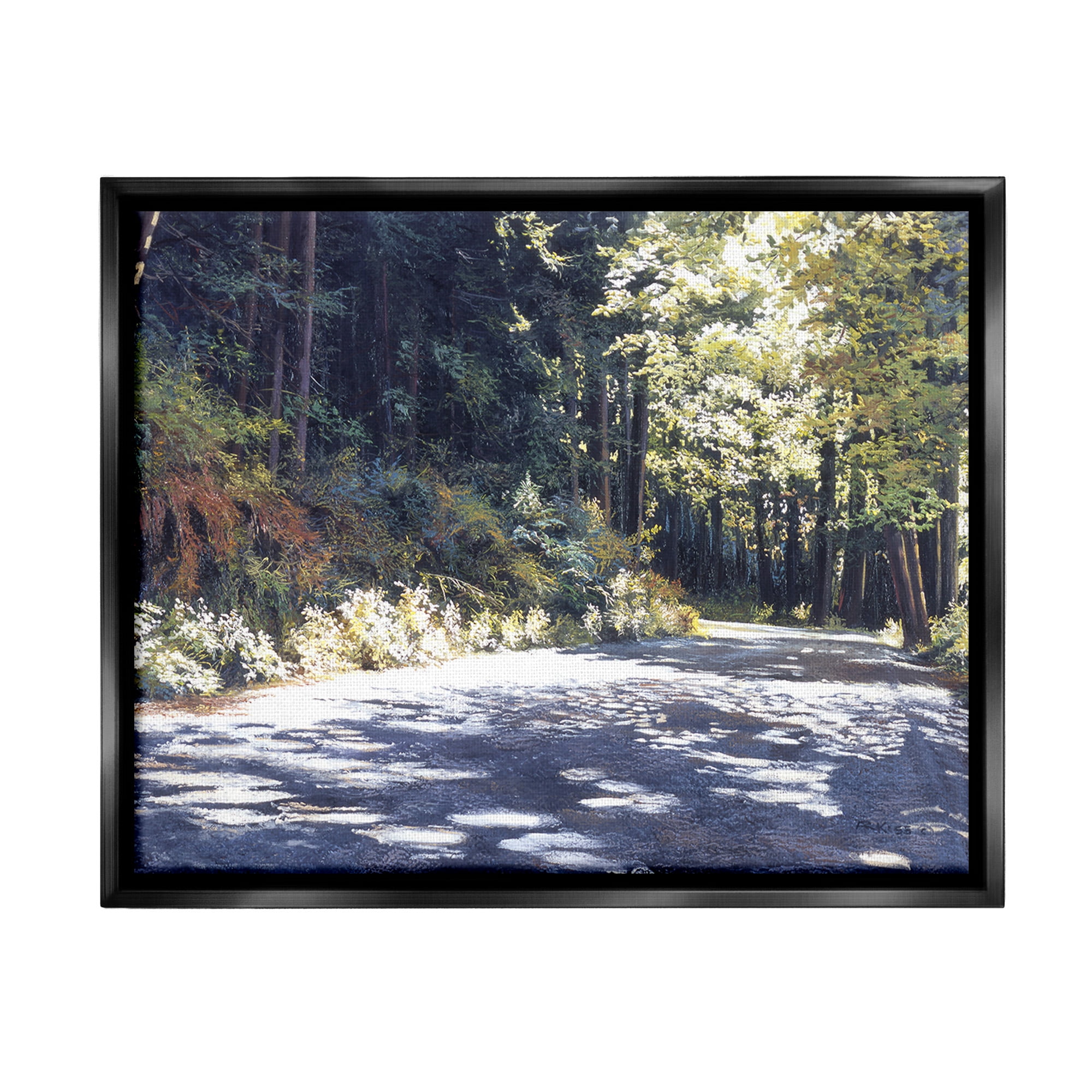 Stupell Industries Sunlit Woodland Road Landscape Painting Black Floater Framed Canvas Art Print Wall Art, 21 x 17