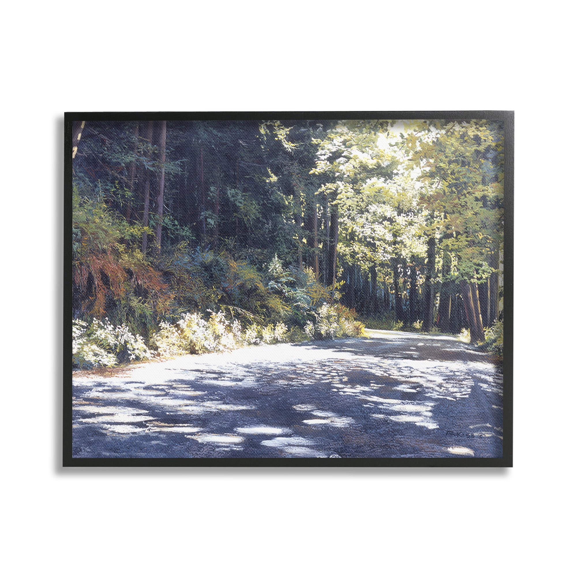 Stupell Industries Sunlit Woodland Road Landscape Painting Black Framed Art Print Wall Art, 20 x 16