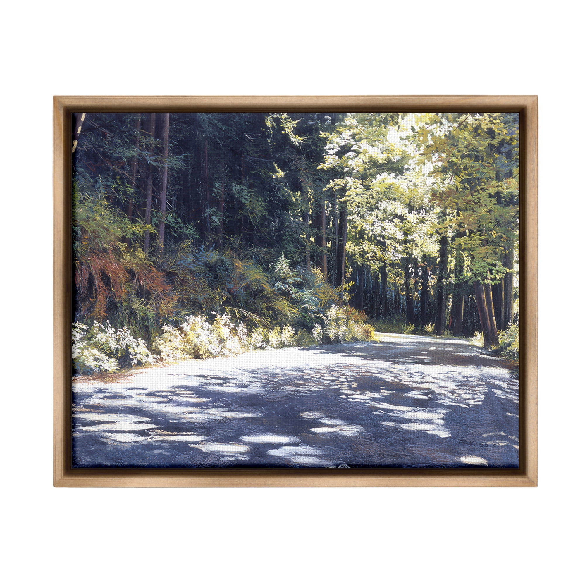 Stupell Industries Sunlit Woodland Road Landscape Painting Brown Floater Framed Canvas Art Print Wall Art, 21 x 17