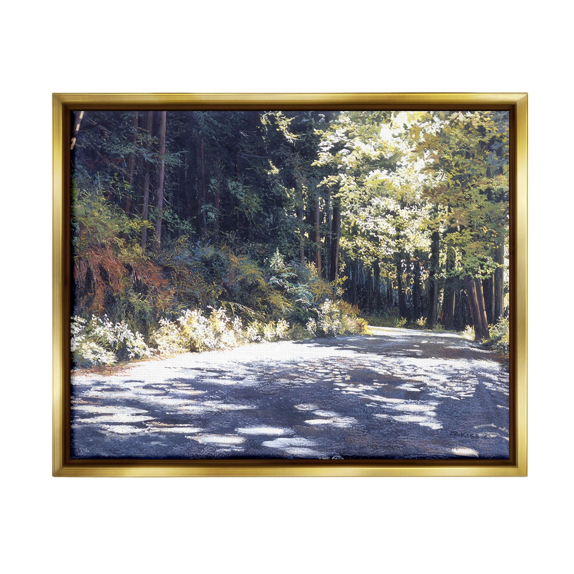 Stupell Industries Sunlit Woodland Road Landscape Painting Gold Floater Framed Canvas Art Print Wall Art, 31 x 25