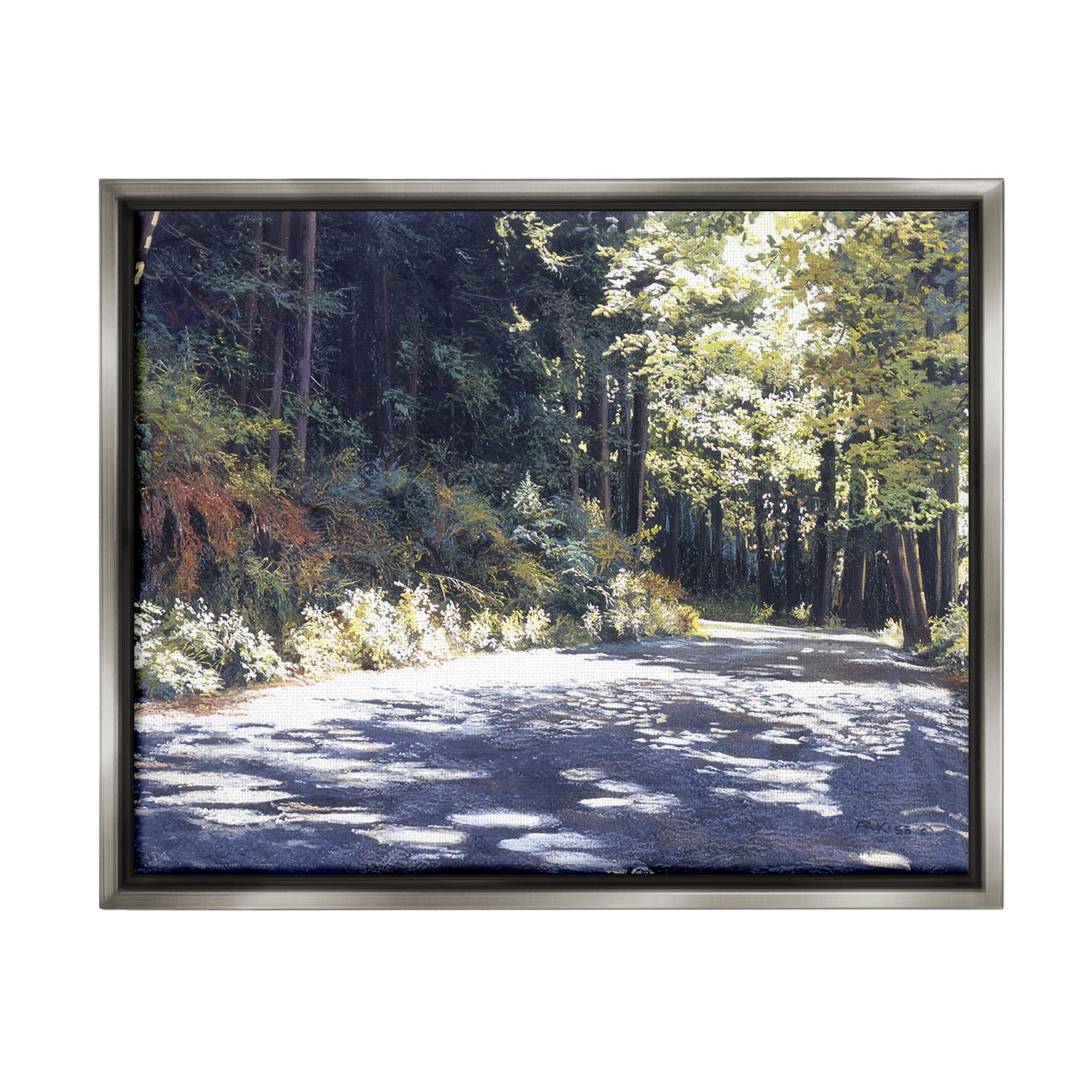 Stupell Industries Sunlit Woodland Road Landscape Painting Gray Floater Framed Canvas Art Print Wall Art, 31 x 25