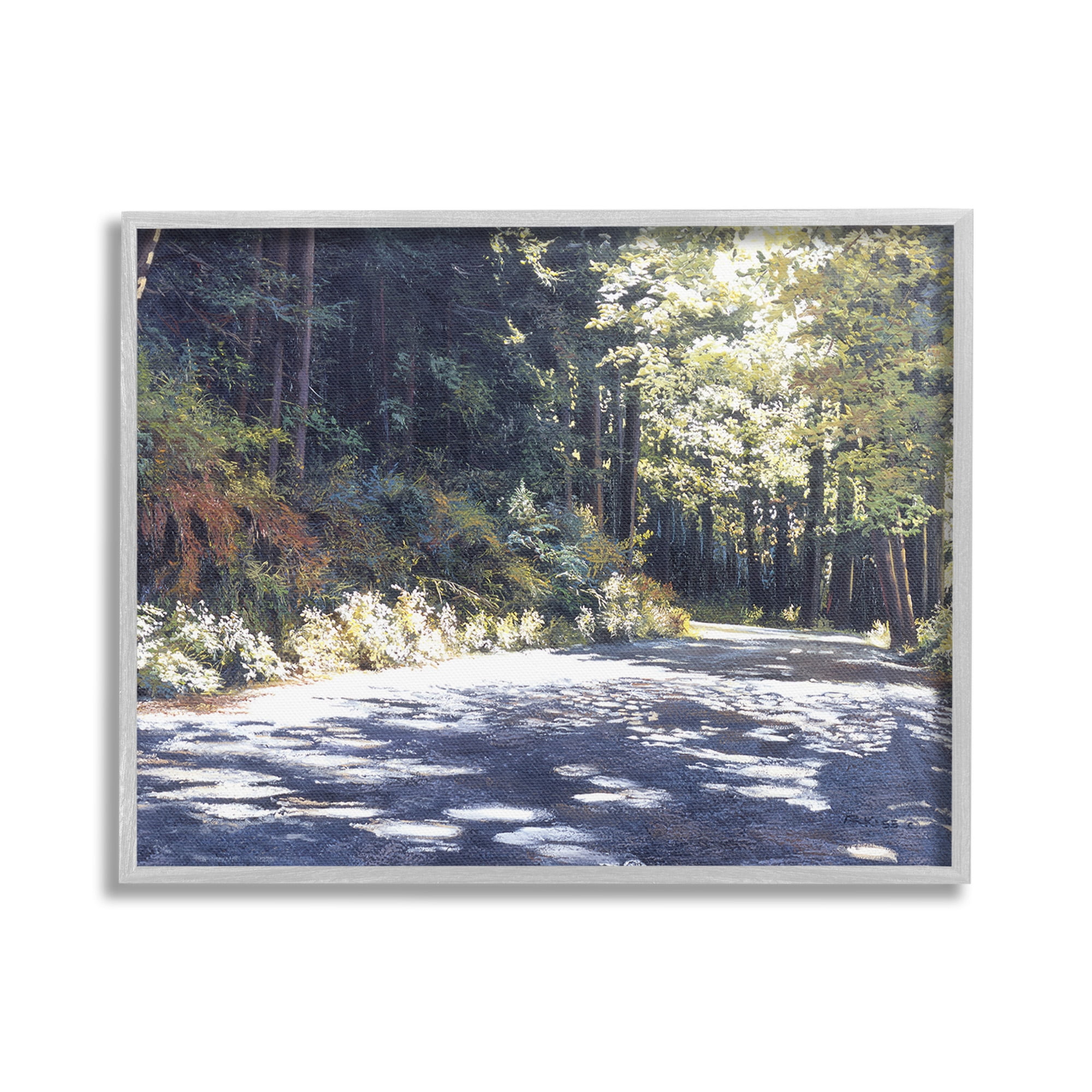 Stupell Industries Sunlit Woodland Road Landscape Painting Gray Framed Art Print Wall Art, 20 x 16