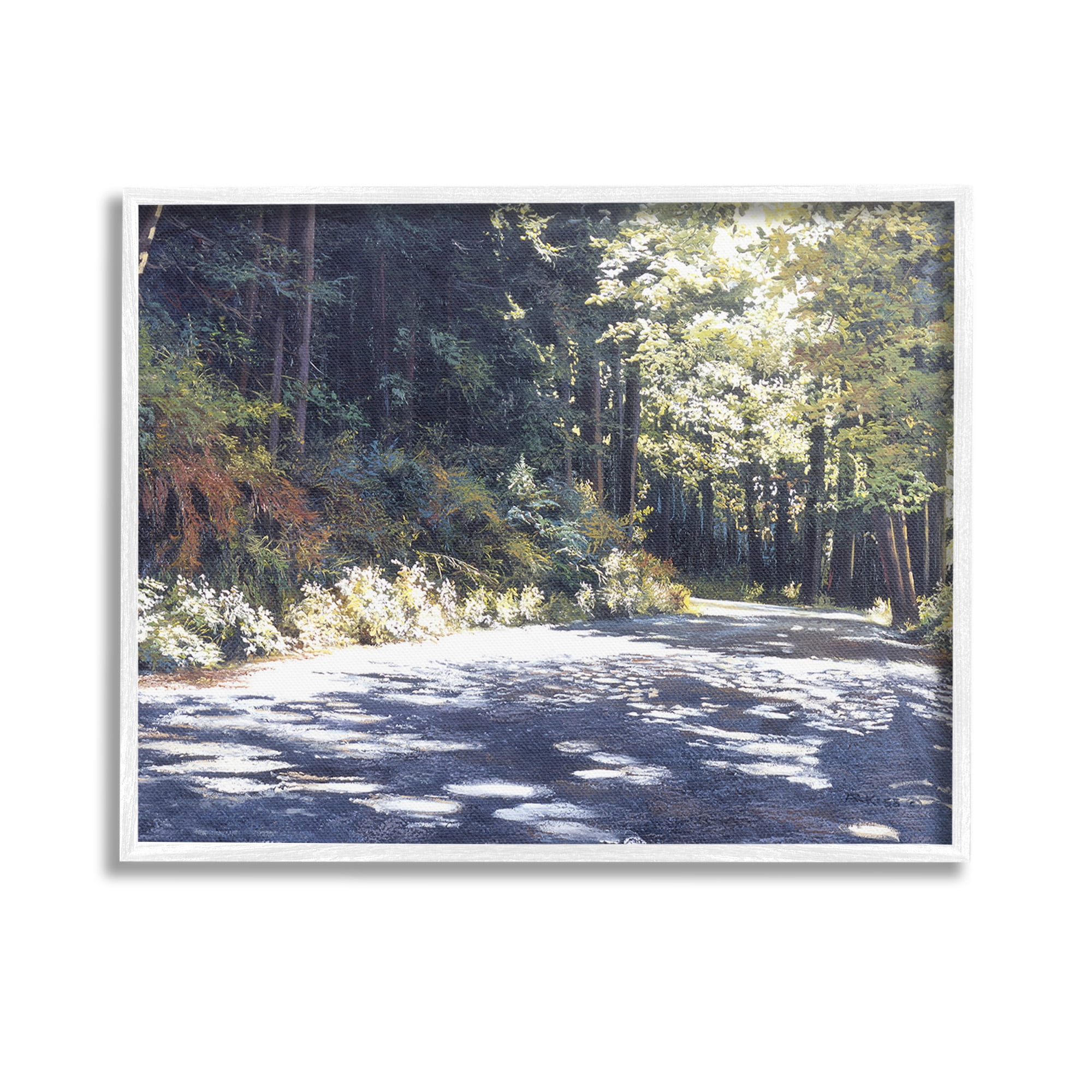 Stupell Industries Sunlit Woodland Road Landscape Painting White Framed Art Print Wall Art, 14 x 11