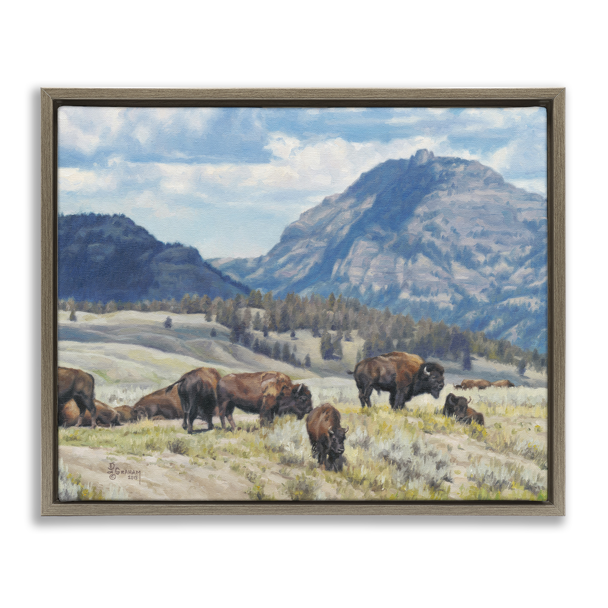 Stupell Industries Sunny Afternoon Bison Landscape Painting Brown Floater Framed Canvas Art Print Wall Art, 31 x 25