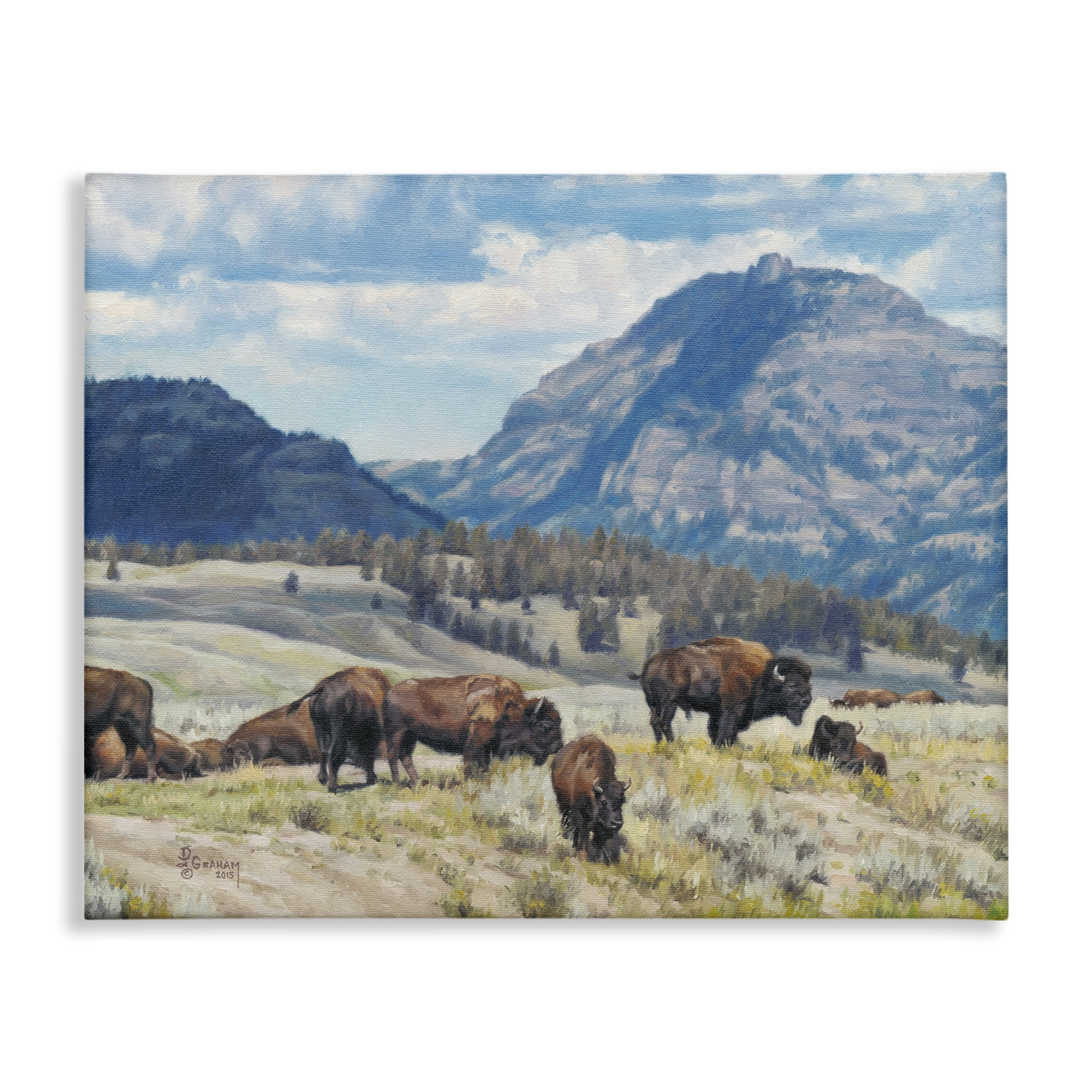 Stupell Industries Sunny Afternoon Bison Landscape Painting Gallery Wrapped Canvas Art Print Wall Art, 48 x 36