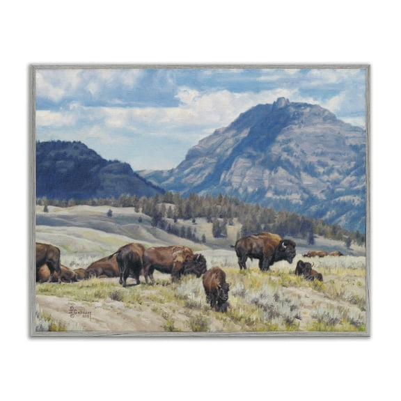 Stupell Industries Sunny Afternoon Bison Landscape Painting Gray Framed Art Print Wall Art, 20 x 16