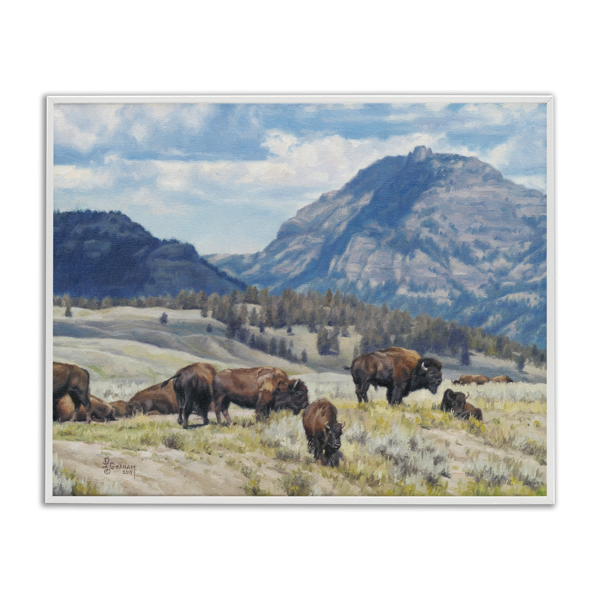 Stupell Industries Sunny Afternoon Bison Landscape Painting White Framed Art Print Wall Art, 14 x 11