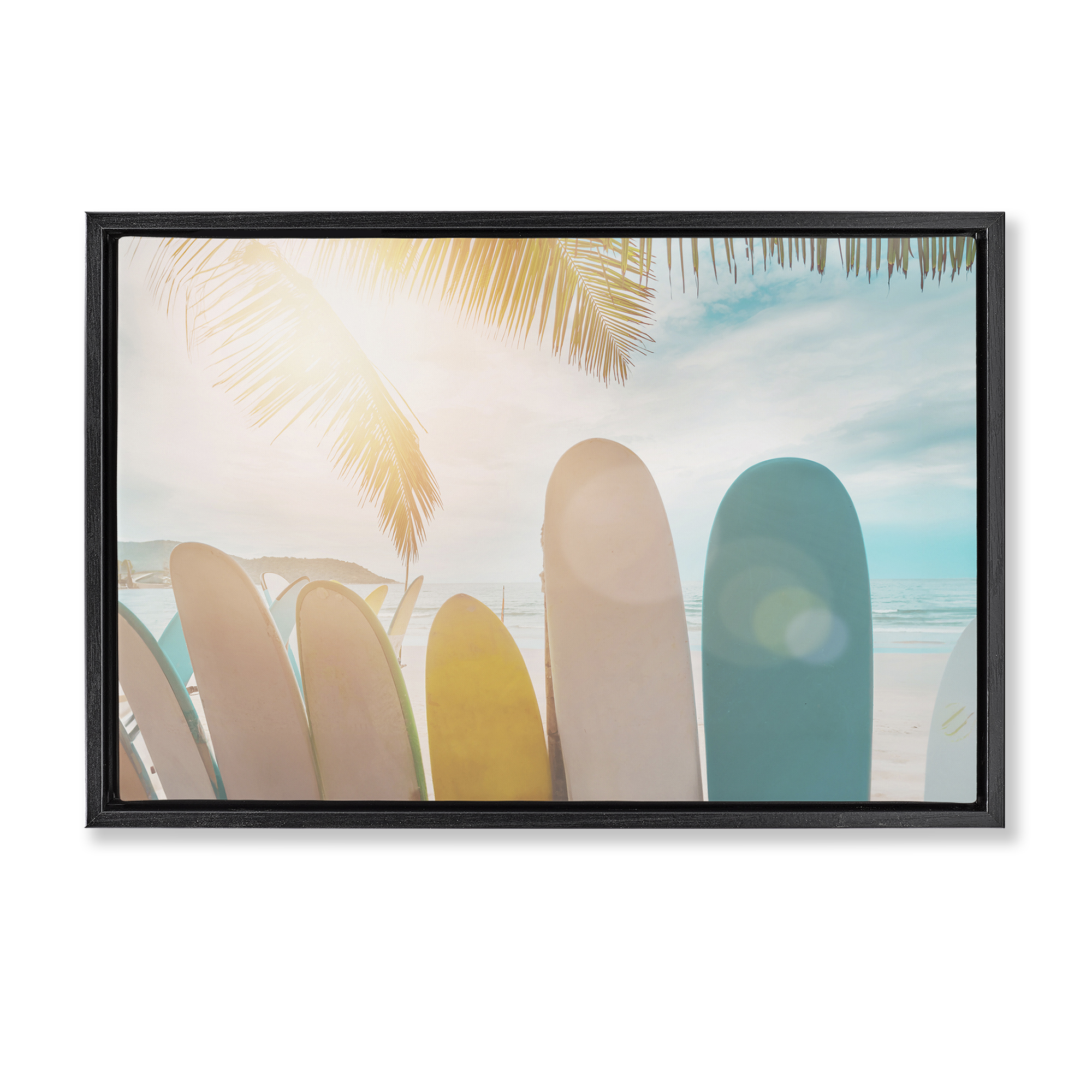 Stupell Industries Sunny Beach Surfboards Sports Photography Black Floater Framed Canvas Art Print Wall Art, 31 x 21