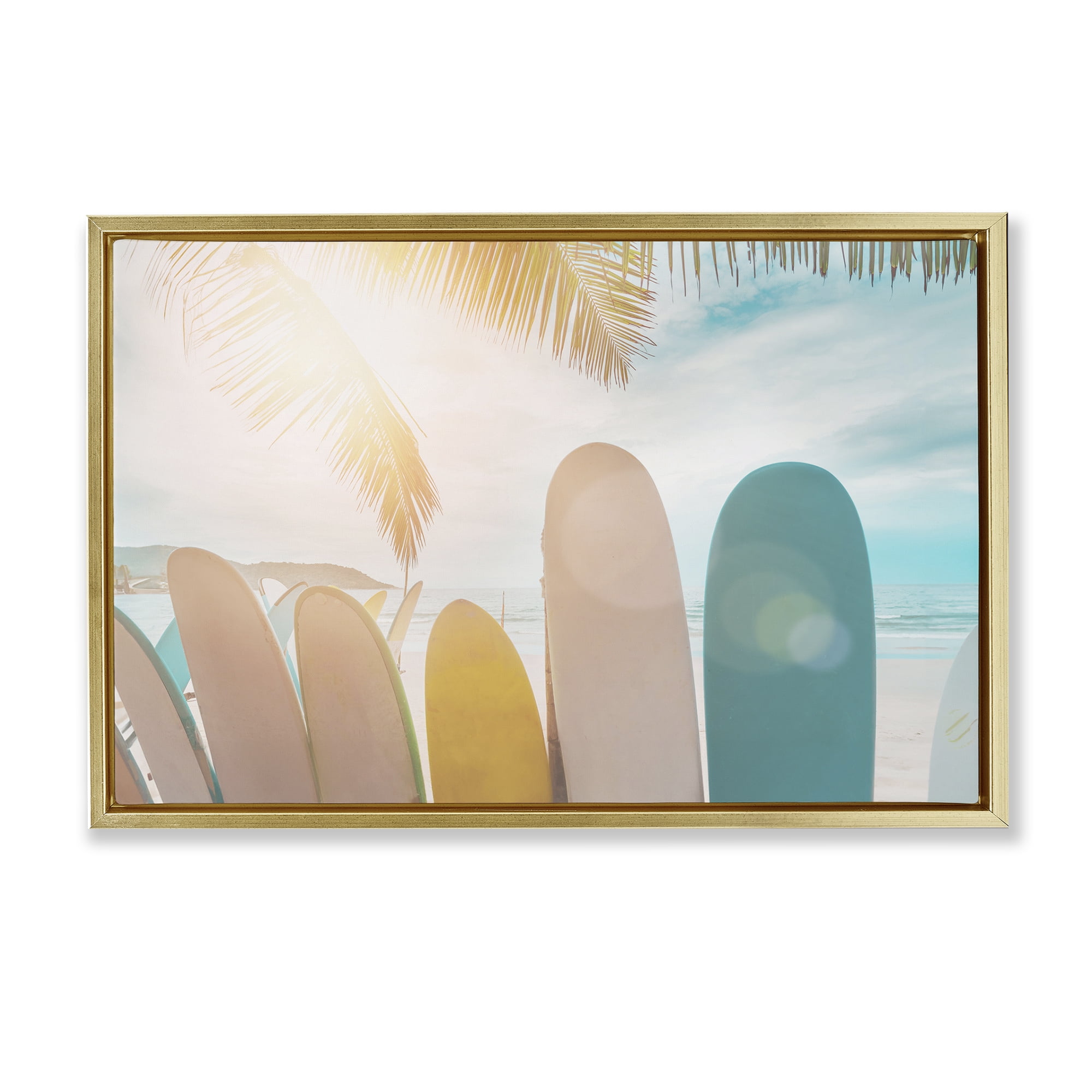 Stupell Industries Sunny Beach Surfboards Sports Photography Gold Floater Framed Canvas Art Print Wall Art, 25 x 17