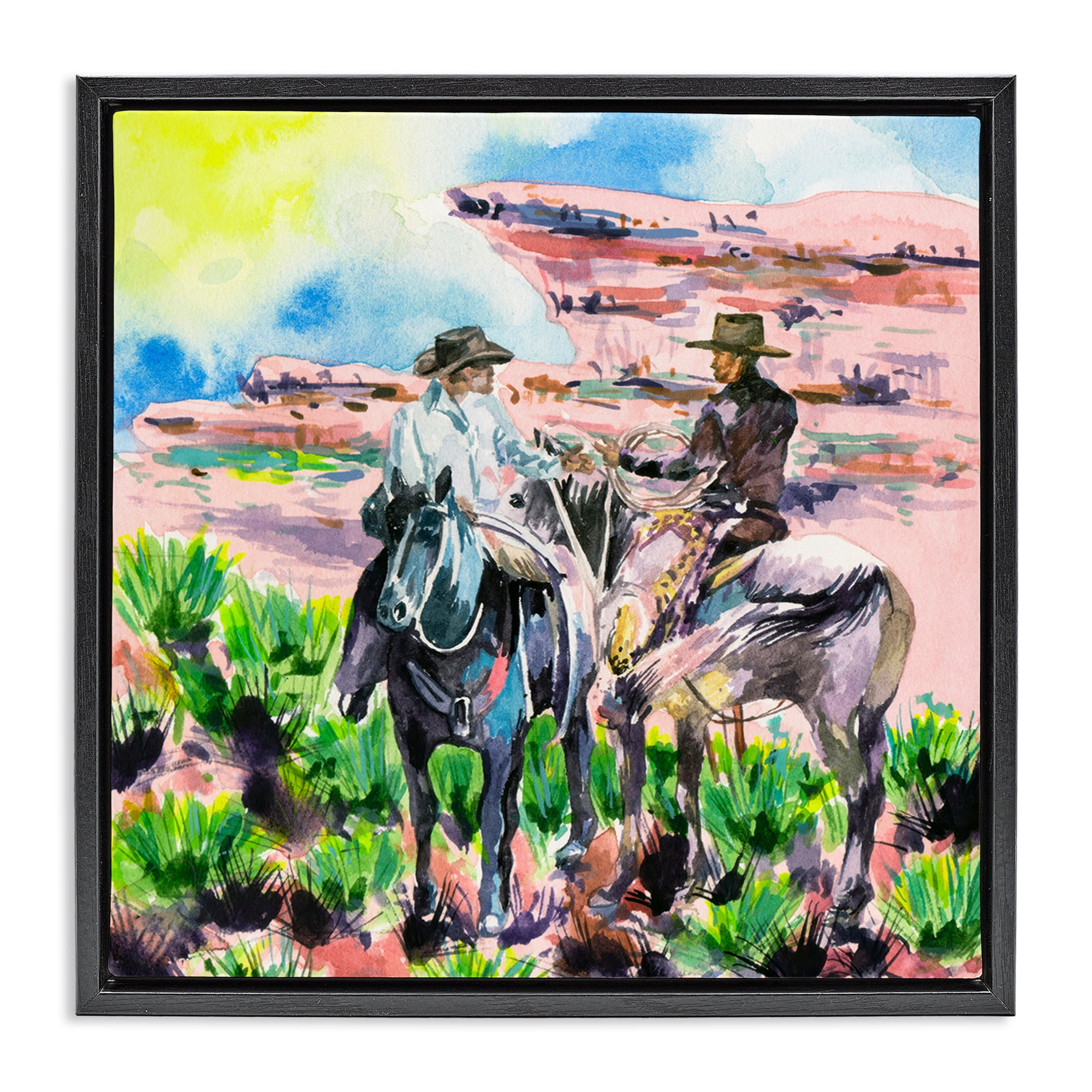 Stupell Industries Sunny Canyon Cowboys Animals Painting Black Floater Framed Canvas Art Print Wall Art, 18 x 18