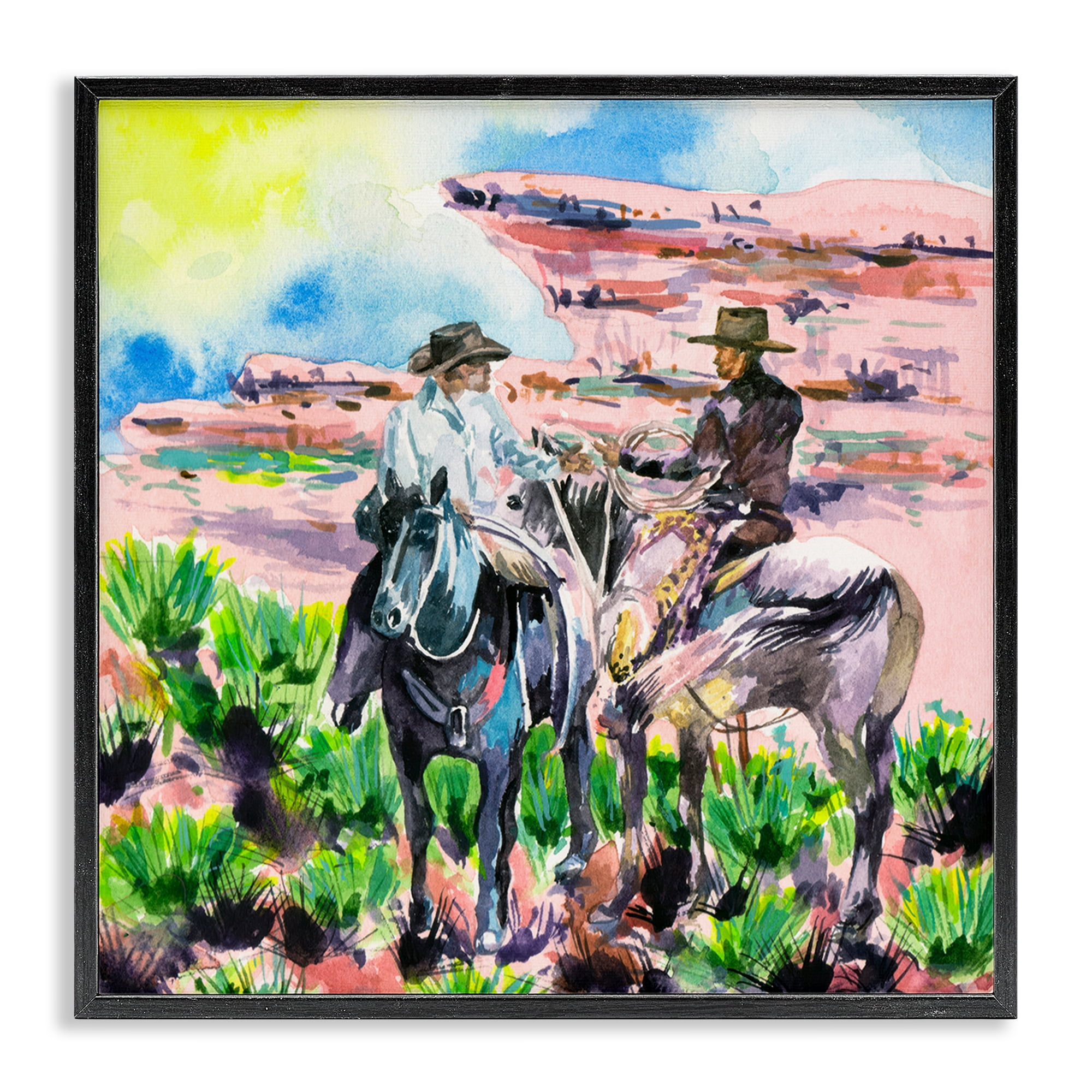 Stupell Industries Sunny Canyon Cowboys Animals Painting Black Framed Art Print Wall Art, 12 x 12