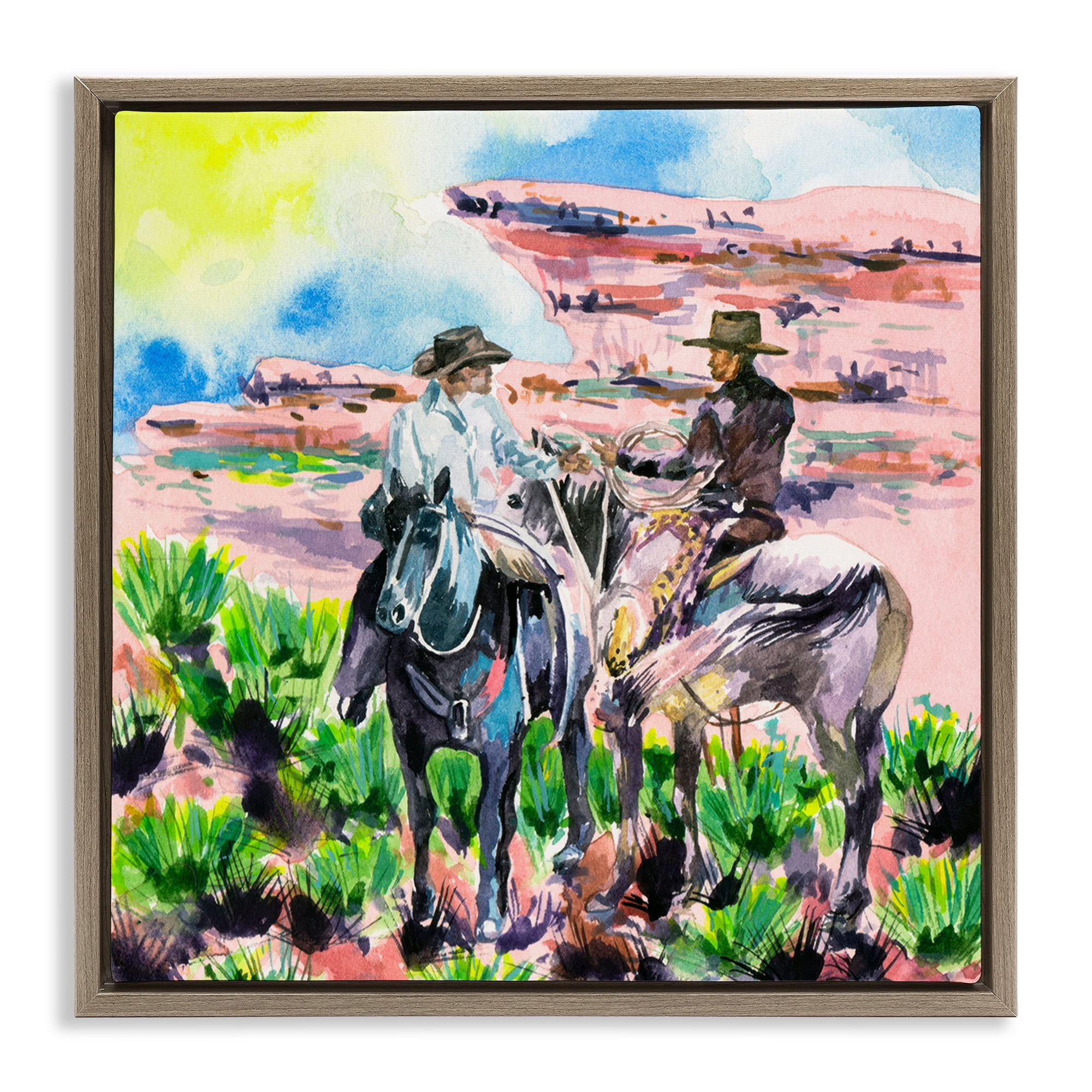 Stupell Industries Sunny Canyon Cowboys Animals Painting Brown Floater Framed Canvas Art Print Wall Art, 25 x 25