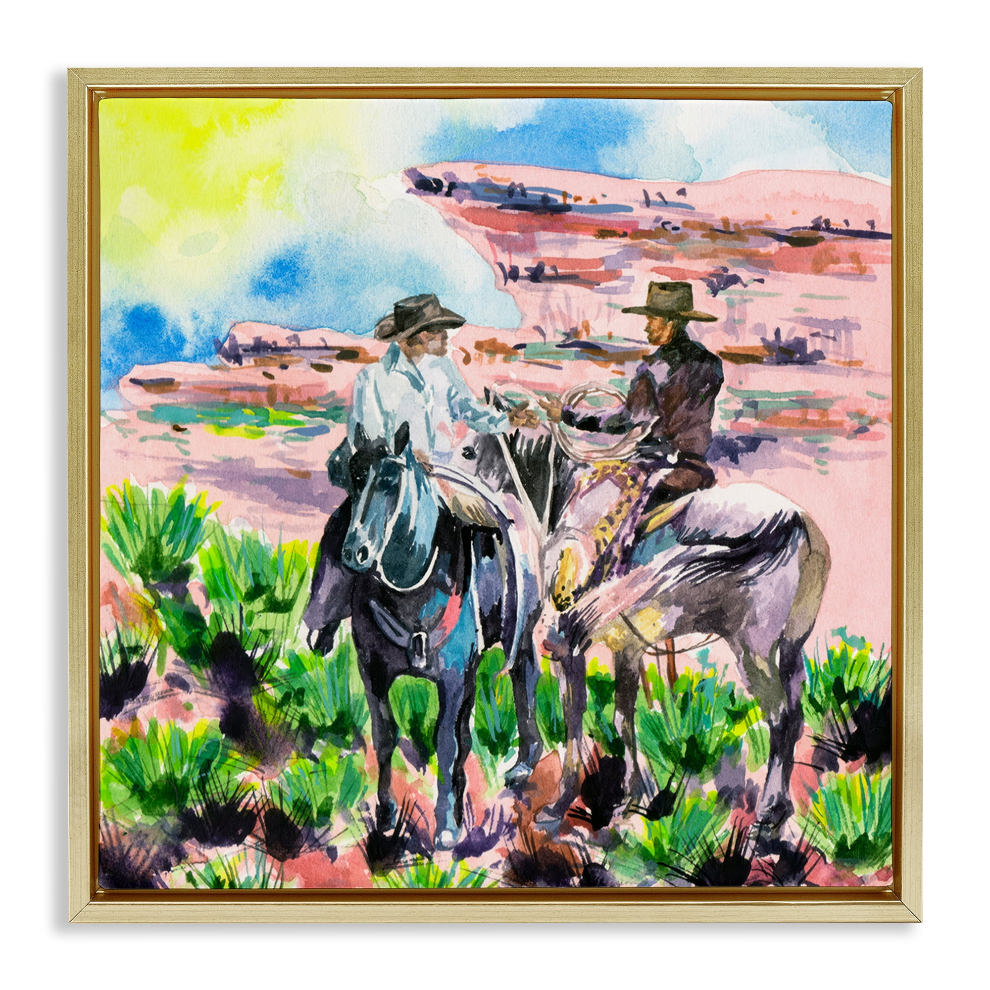 Stupell Industries Sunny Canyon Cowboys Animals Painting Gold Floater Framed Canvas Art Print Wall Art, 25 x 25