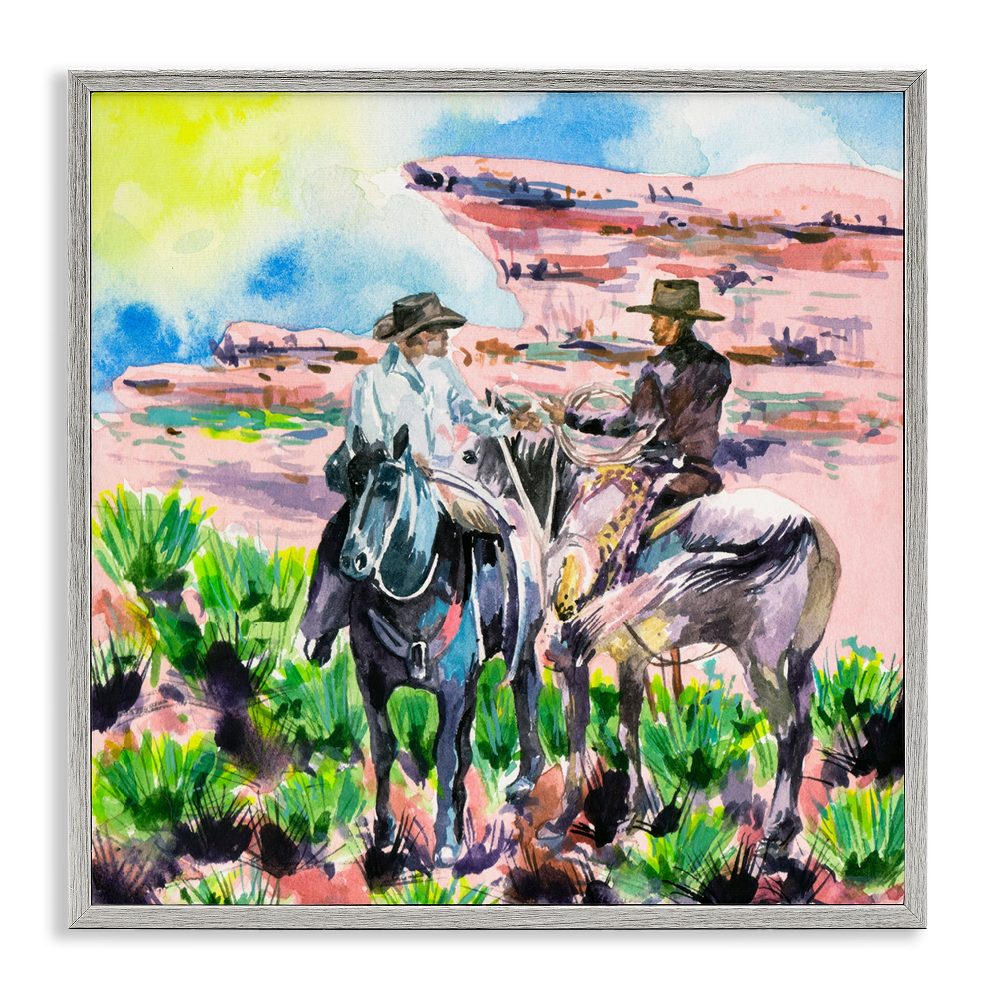 Stupell Industries Sunny Canyon Cowboys Animals Painting Gray Framed Art Print Wall Art, 24 x 24