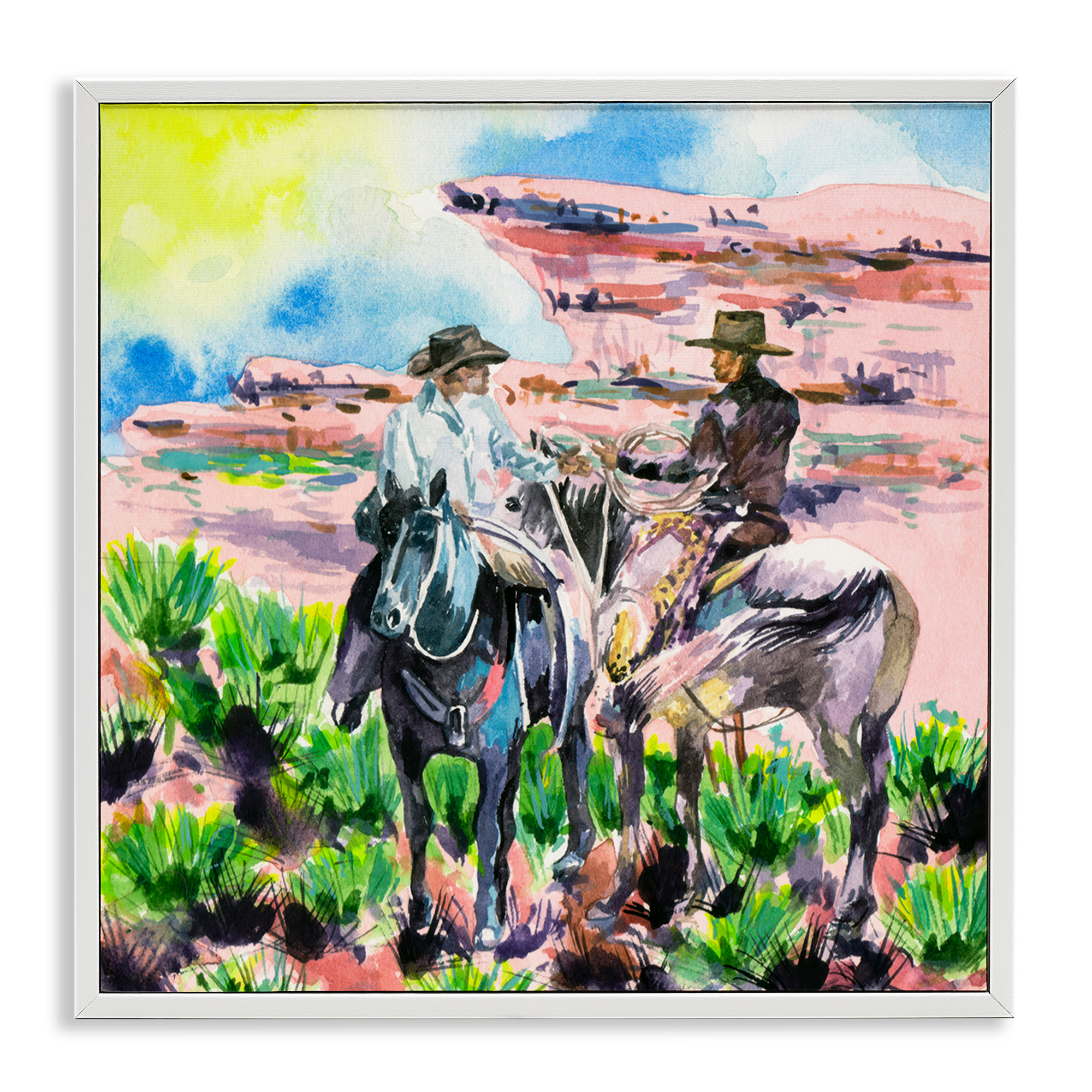 Stupell Industries Sunny Canyon Cowboys Animals Painting White Framed Art Print Wall Art, 17 x 17