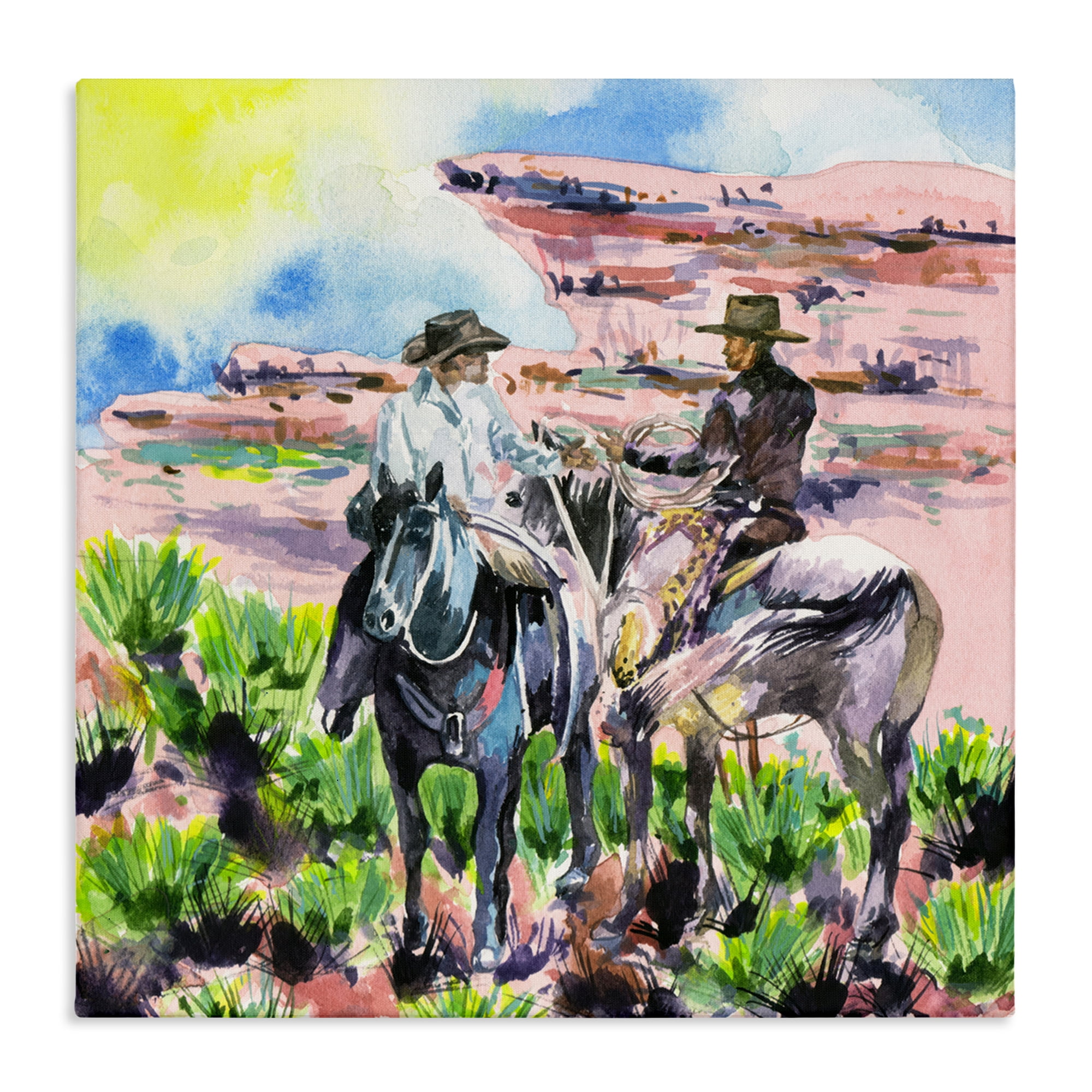Stupell Industries Sunny Canyon Cowboys Animals Painting Wrapped Canvas Art Print Wall Art, 36 x 36