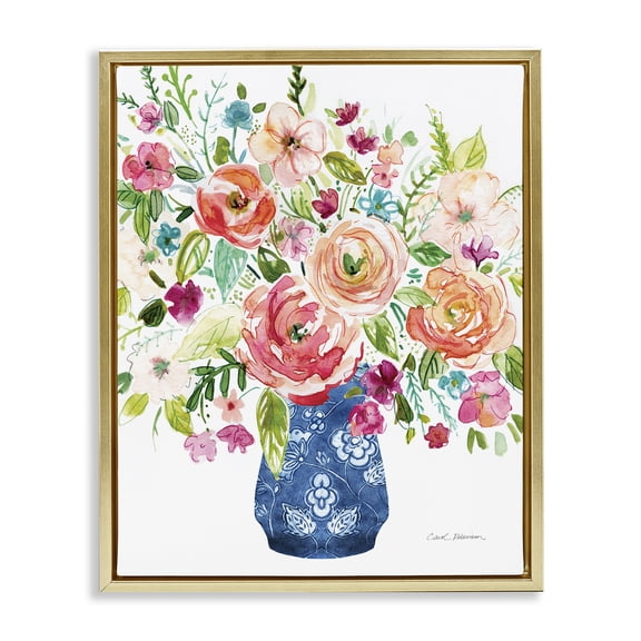 Stupell Industries Sunny Chinoiserie Pink Bouquet Gold Framed Floater Canvas Wall Art design by Carol Robinson, 31 x 25