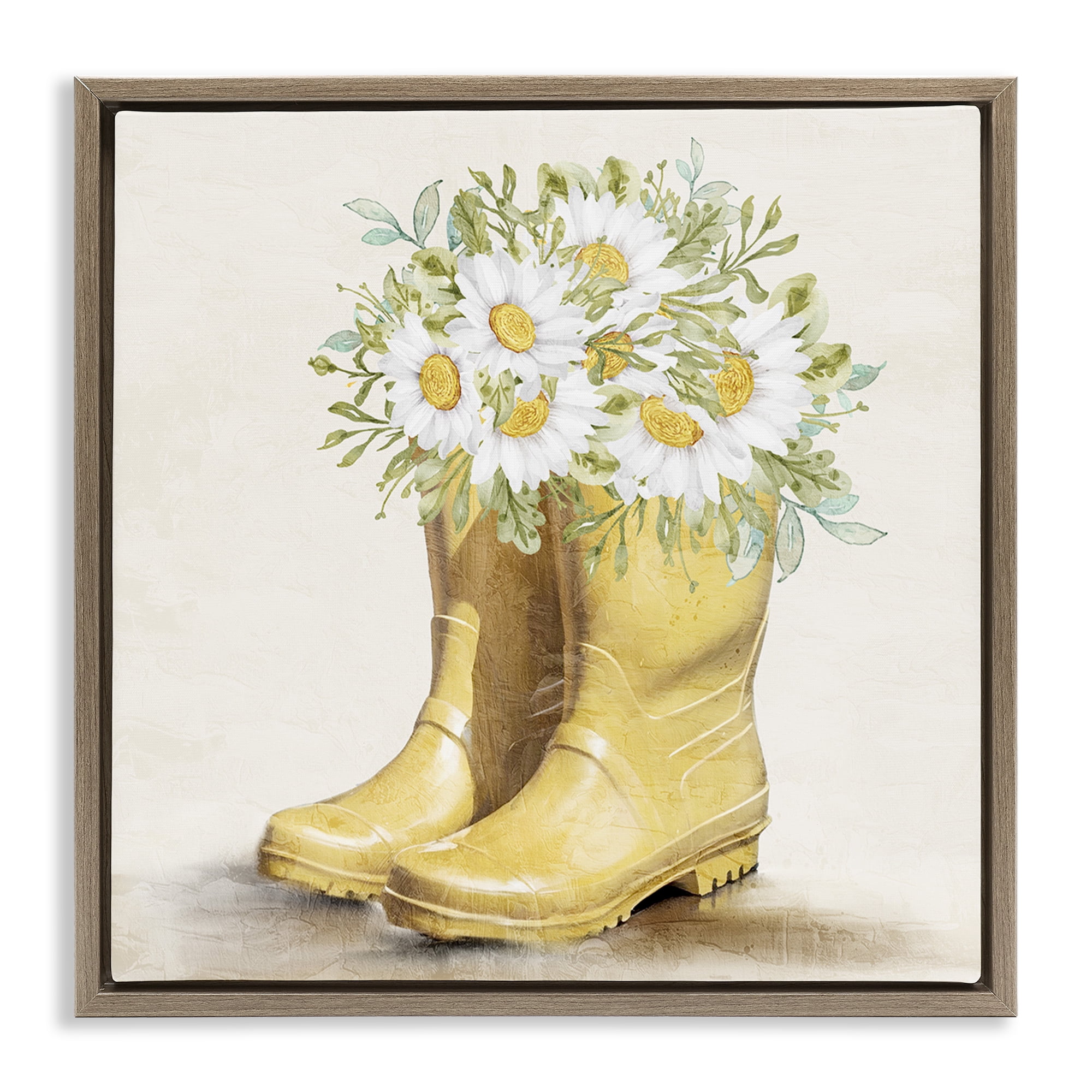 Stupell Industries Sunny Daisy Boots Botanical & Floral Painting Brown Floater Framed Canvas Art Print Wall Art, 18 x 18