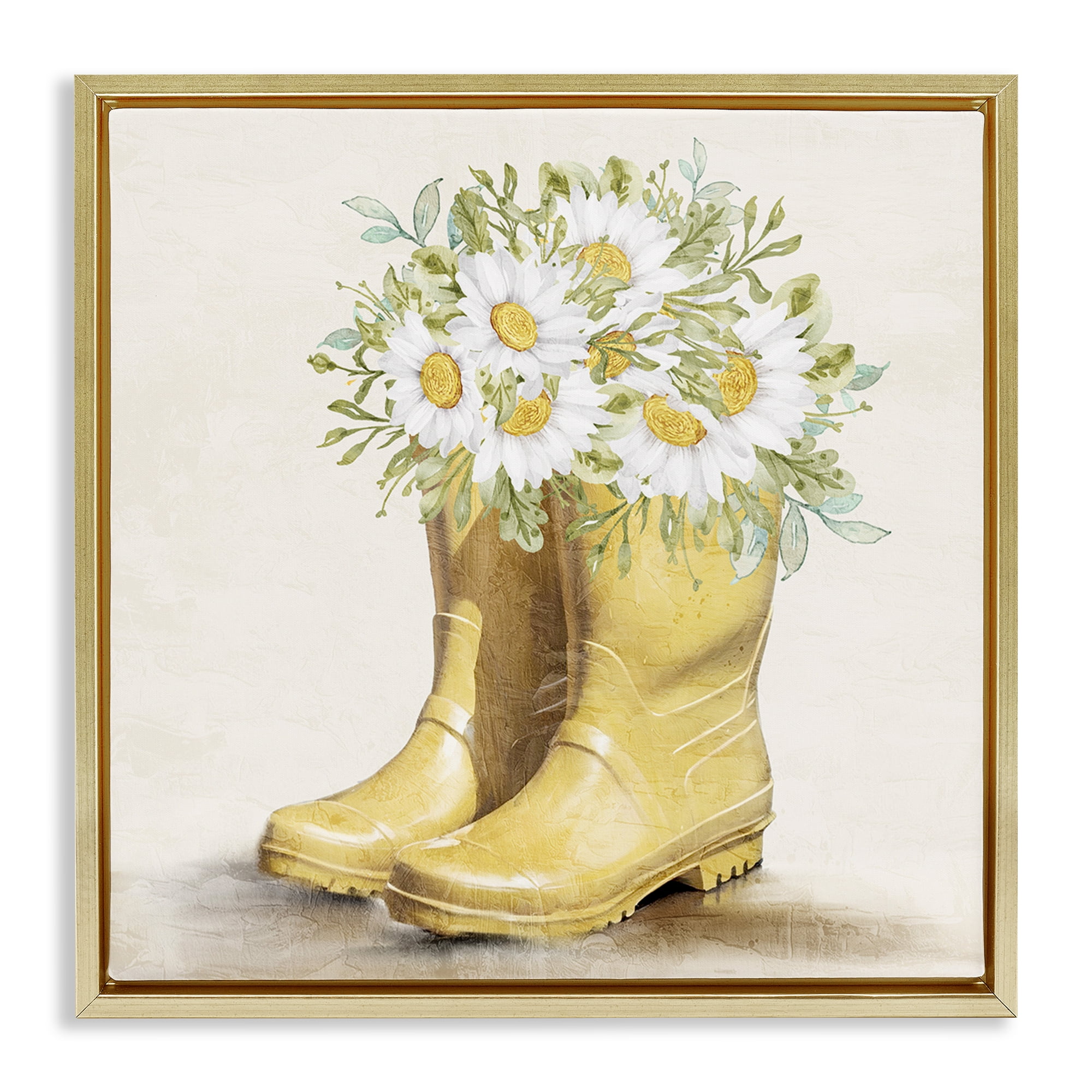 Stupell Industries Sunny Daisy Boots Botanical & Floral Painting Gold Floater Framed Canvas Art Print Wall Art, 18 x 18