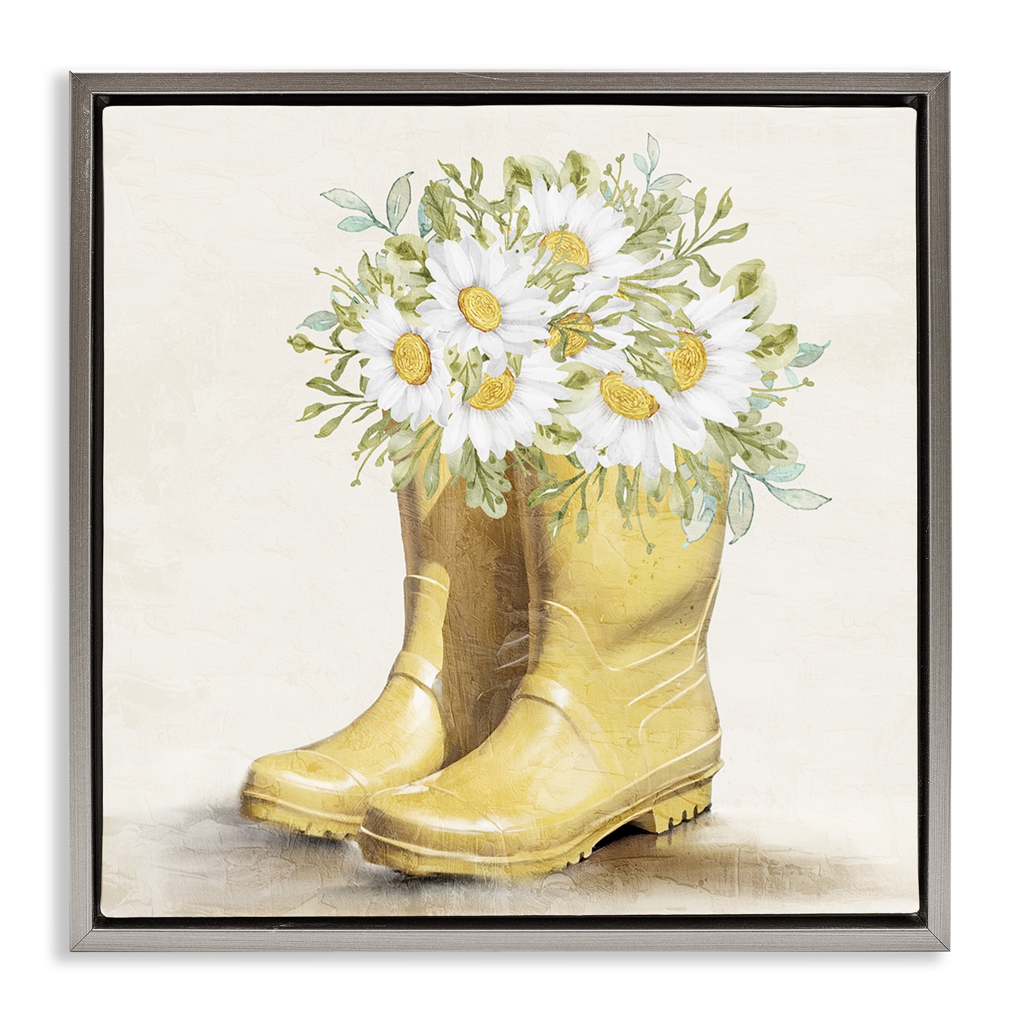 Stupell Industries Sunny Daisy Boots Botanical & Floral Painting Gray Floater Framed Canvas Art Print Wall Art, 25 x 25