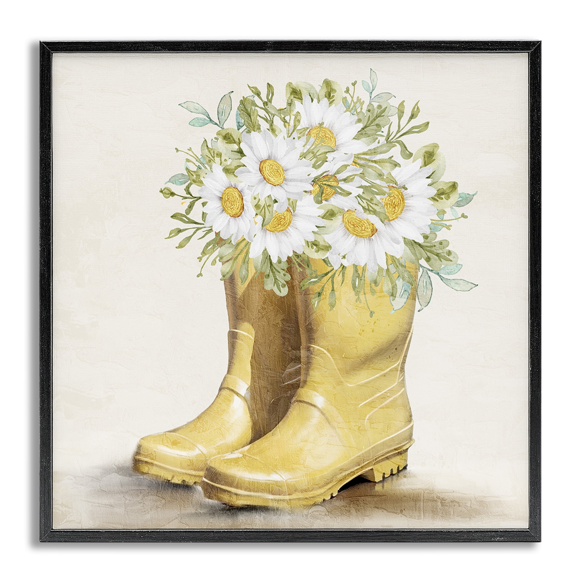 Stupell Industries Sunny Daisy Boots Botanical & Floral Painting Gray Framed Art Print Wall Art, 12 x 12
