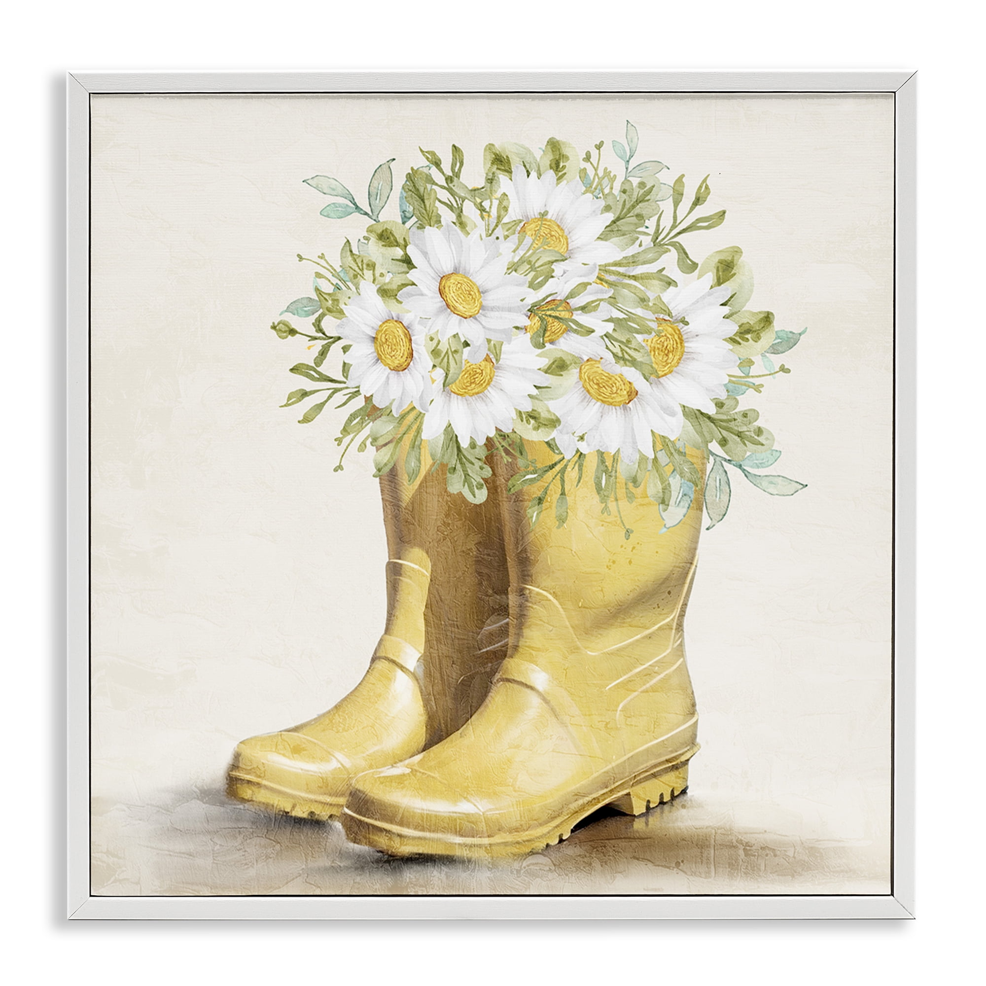 Stupell Industries Sunny Daisy Boots Botanical & Floral Painting White Framed Art Print Wall Art, 24 x 24