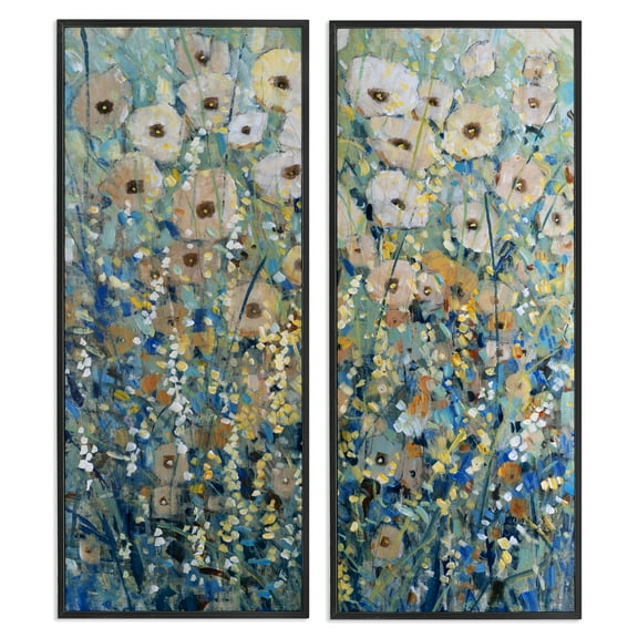Stupell Industries Sunny Field of Flowers Floral Painting Black Framed Art Print Wall Art, 10 x 24, Set of 2