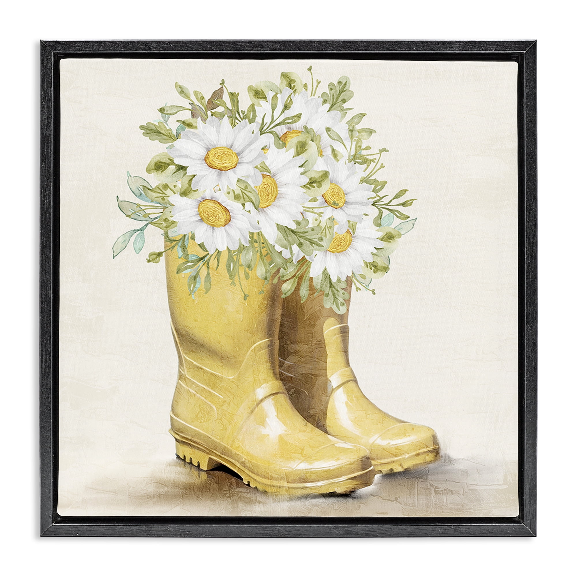 Stupell Industries Sunny Garden Boots Botanical & Floral Painting Black Floater Framed Canvas Art Print Wall Art, 25 x 25