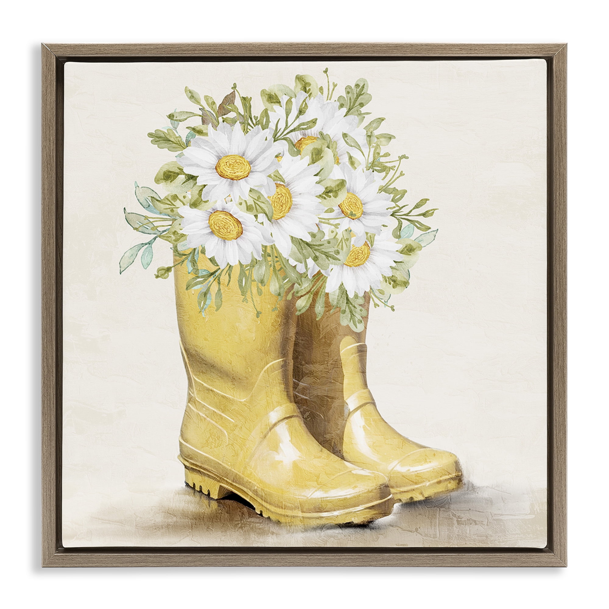 Stupell Industries Sunny Garden Boots Botanical & Floral Painting Brown Floater Framed Canvas Art Print Wall Art, 25 x 25