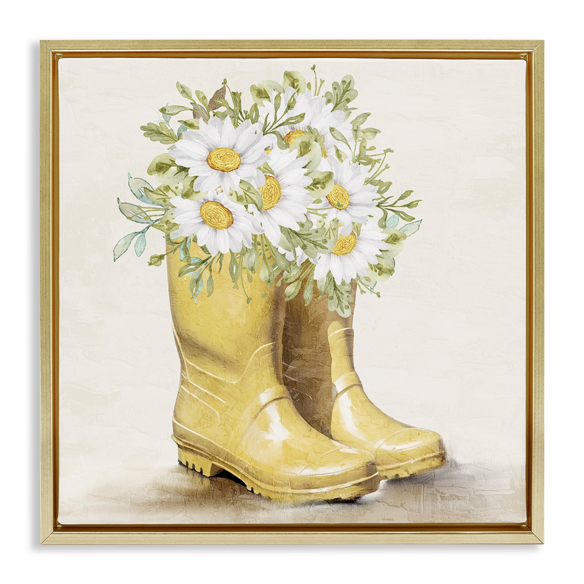 Stupell Industries Sunny Garden Boots Botanical & Floral Painting Gold Floater Framed Canvas Art Print Wall Art, 18 x 18