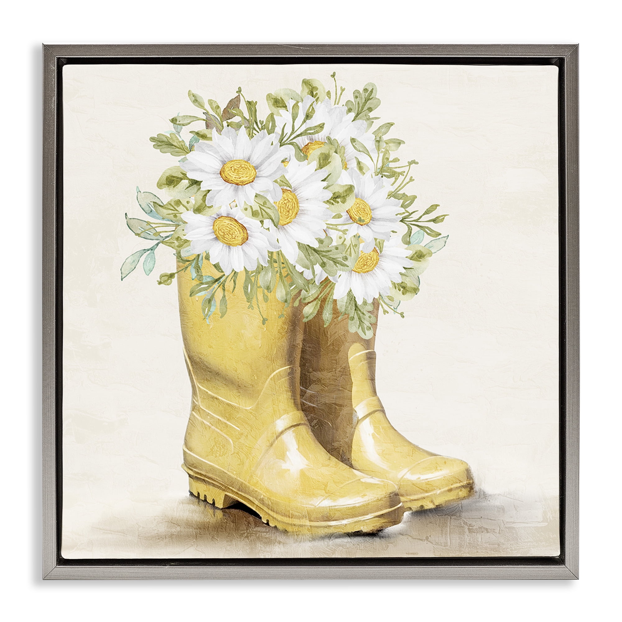 Stupell Industries Sunny Garden Boots Botanical & Floral Painting Gray Floater Framed Canvas Art Print Wall Art, 18 x 18