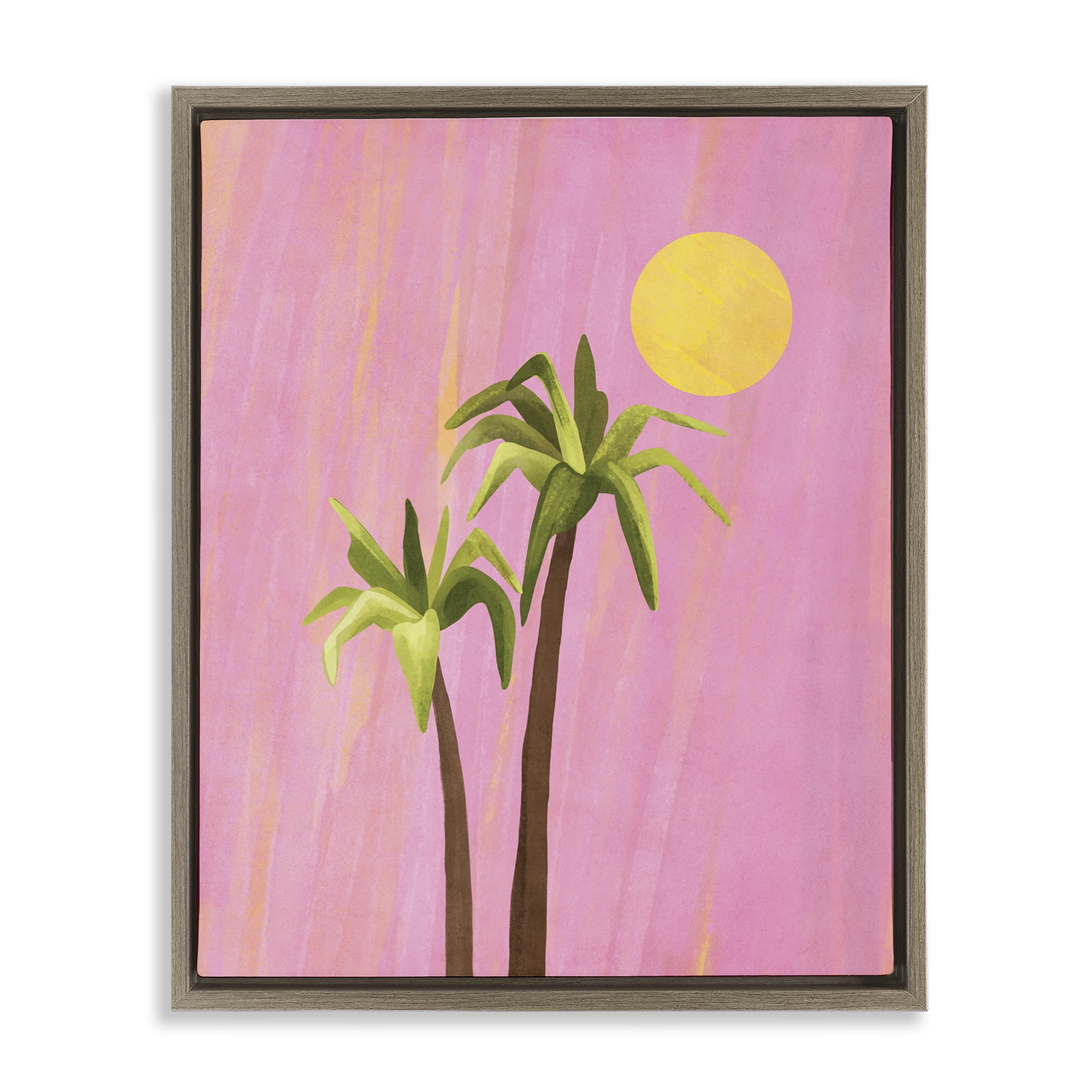 Stupell Industries Sunny Palm Trees Pink Plants & Flowers Painting Brown Floater Framed Canvas Art Print Wall Art, 25 x 31